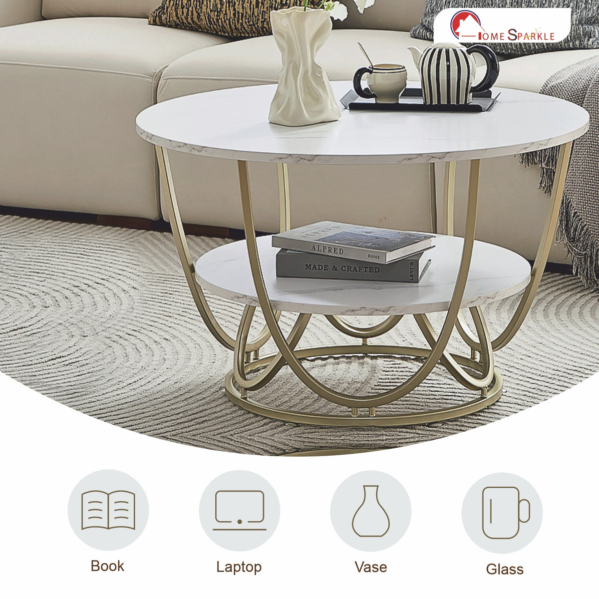Home Sparkle Round Tier Coffee Table | White Marble Finish with Gold Metal Frame | Modern Luxury Living Room Table