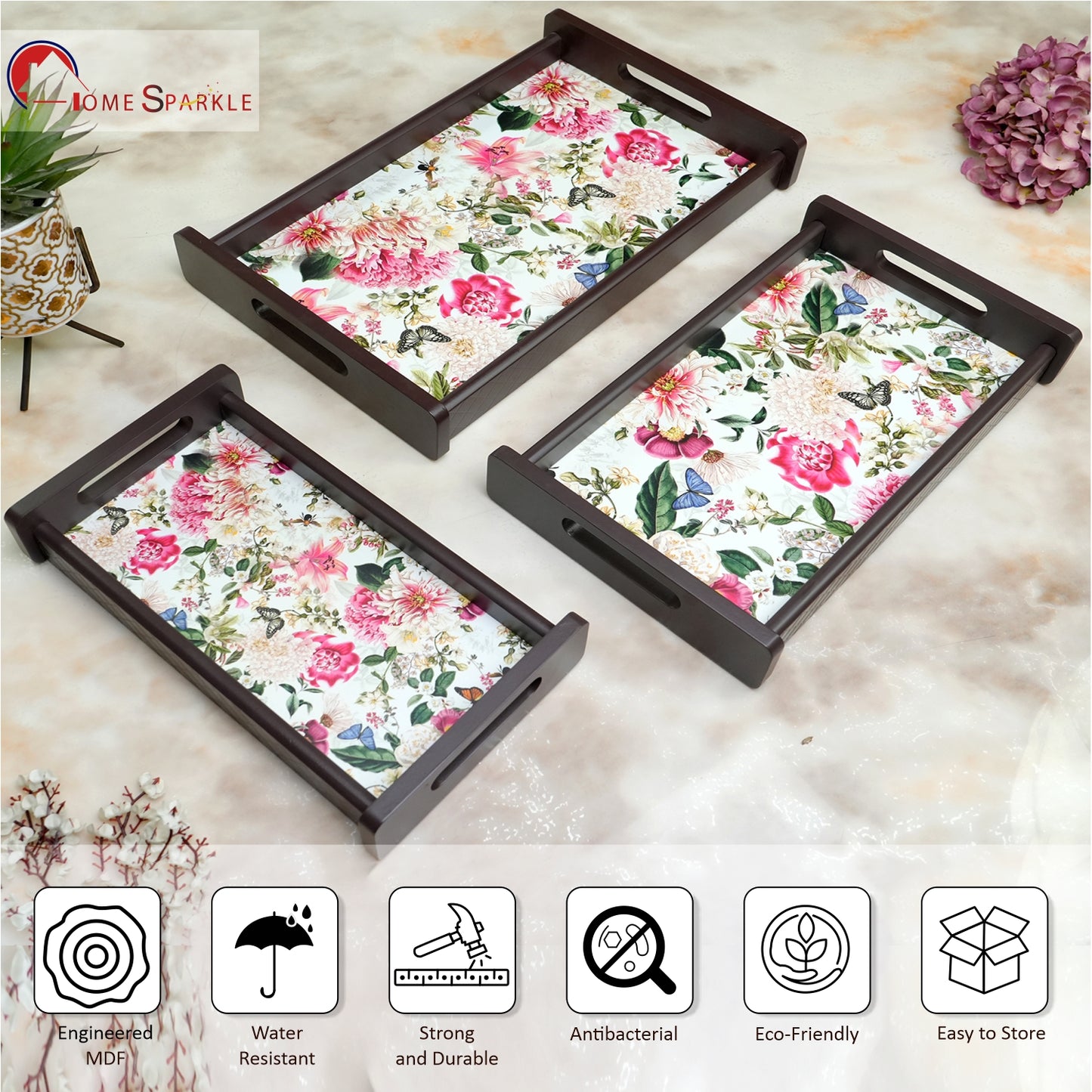 HomeSparkle Wooden Serving Tray Set of 3 – Sizes 16x10, 14x8 & 12x6 inch | Water-Resistant | MDF Print | Engineered Wood | Rectangular, Strong & Durable | Tray Set