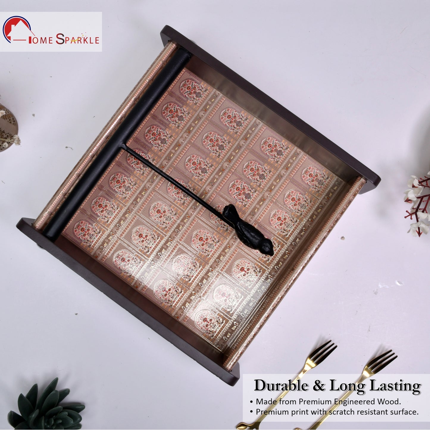 Wooden Tissue Box Holder for Dining Table & Living Room | Elegant Printed Napkin Organizer with Metal Handle