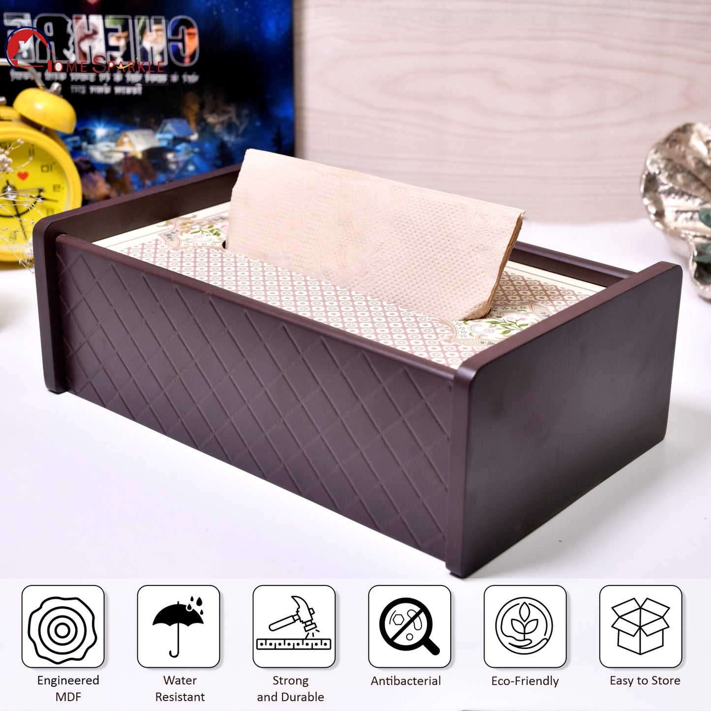 Wooden Tissue Holder for Dining Table | Elegant Printed Napkin Holder for Home, Office & Café Décor