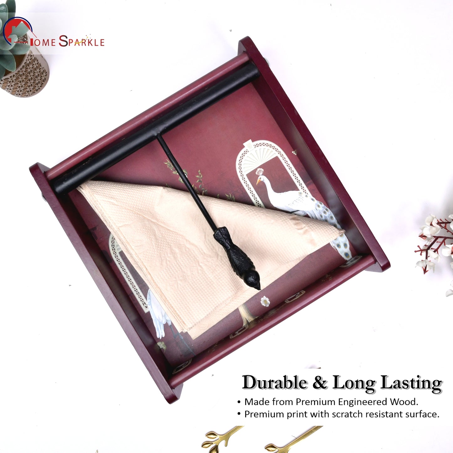 Decorative Wooden Tissue Box Holder for Dining Table & Living Room | Elegant Napkin Organizer with Printed Design