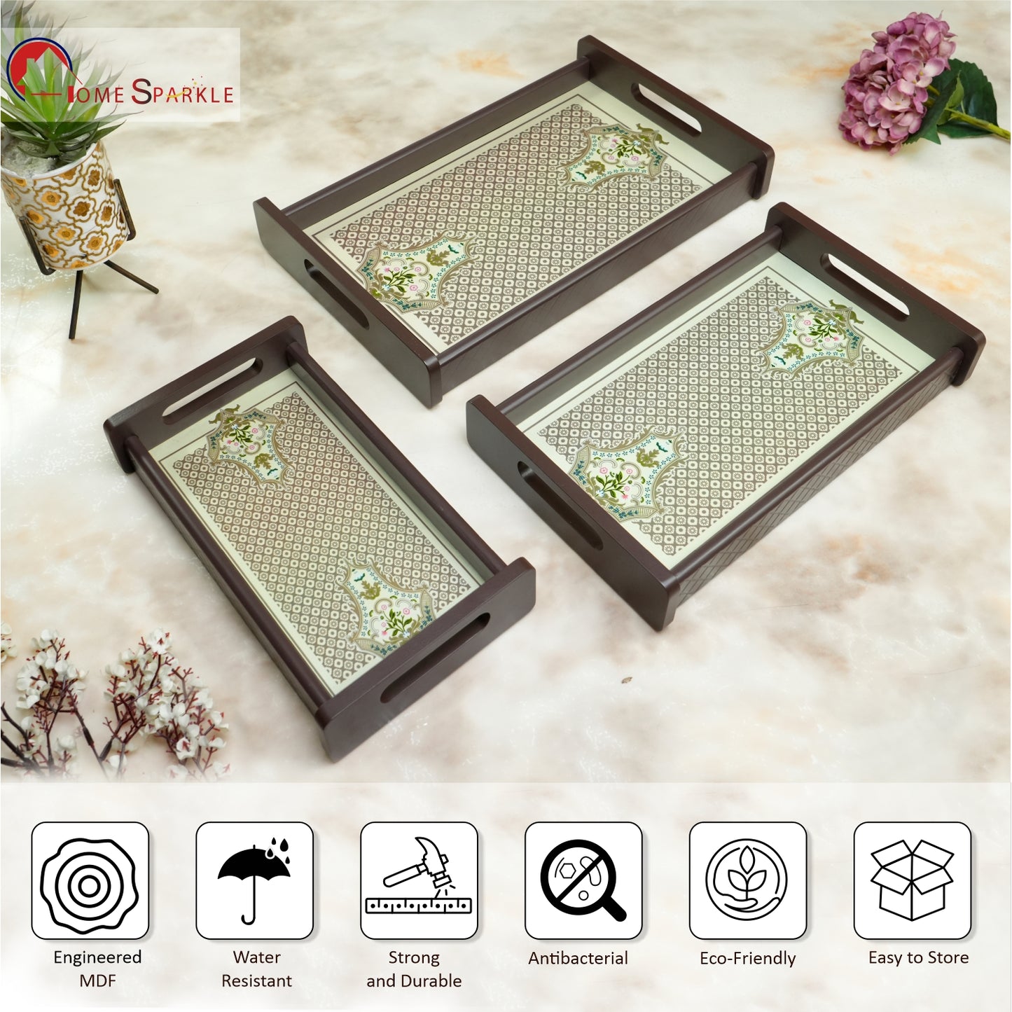 HomeSparkle Wooden Serving Tray Set of 3 – Sizes 16x10, 14x8 & 12x6 inch | Water-Resistant | MDF Print | Engineered Wood | Rectangular, Strong & Durable | Tray Set