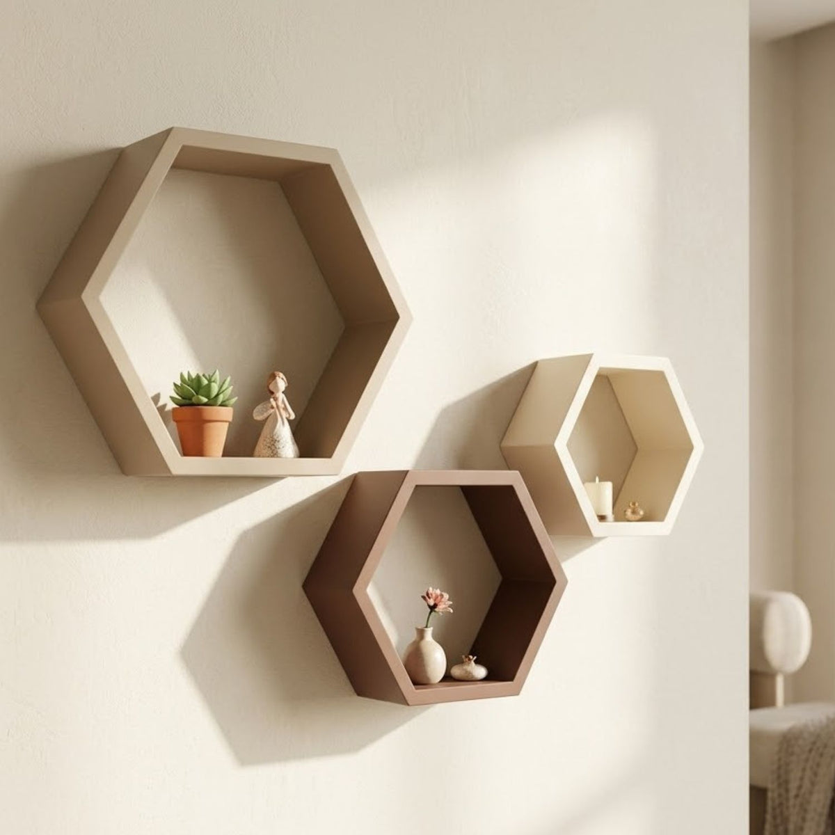 Hexagon Wall Shelf Set of 3 – Beige, Pale Brown & Ivory White