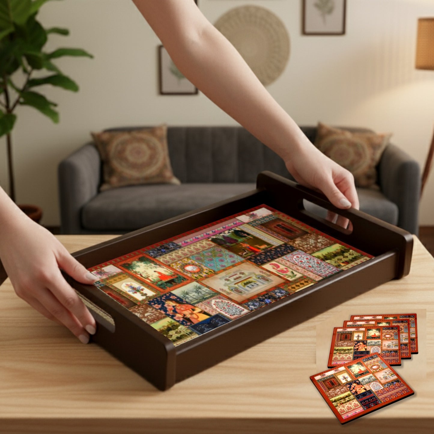 Wooden Serving Tray – 17.75" x 12" x 2.75", Reversible Water-Resistant Tray, Engineered Wood, Multipurpose Tray for Kitchen, Dining & Home Decor – Stylish & Strong