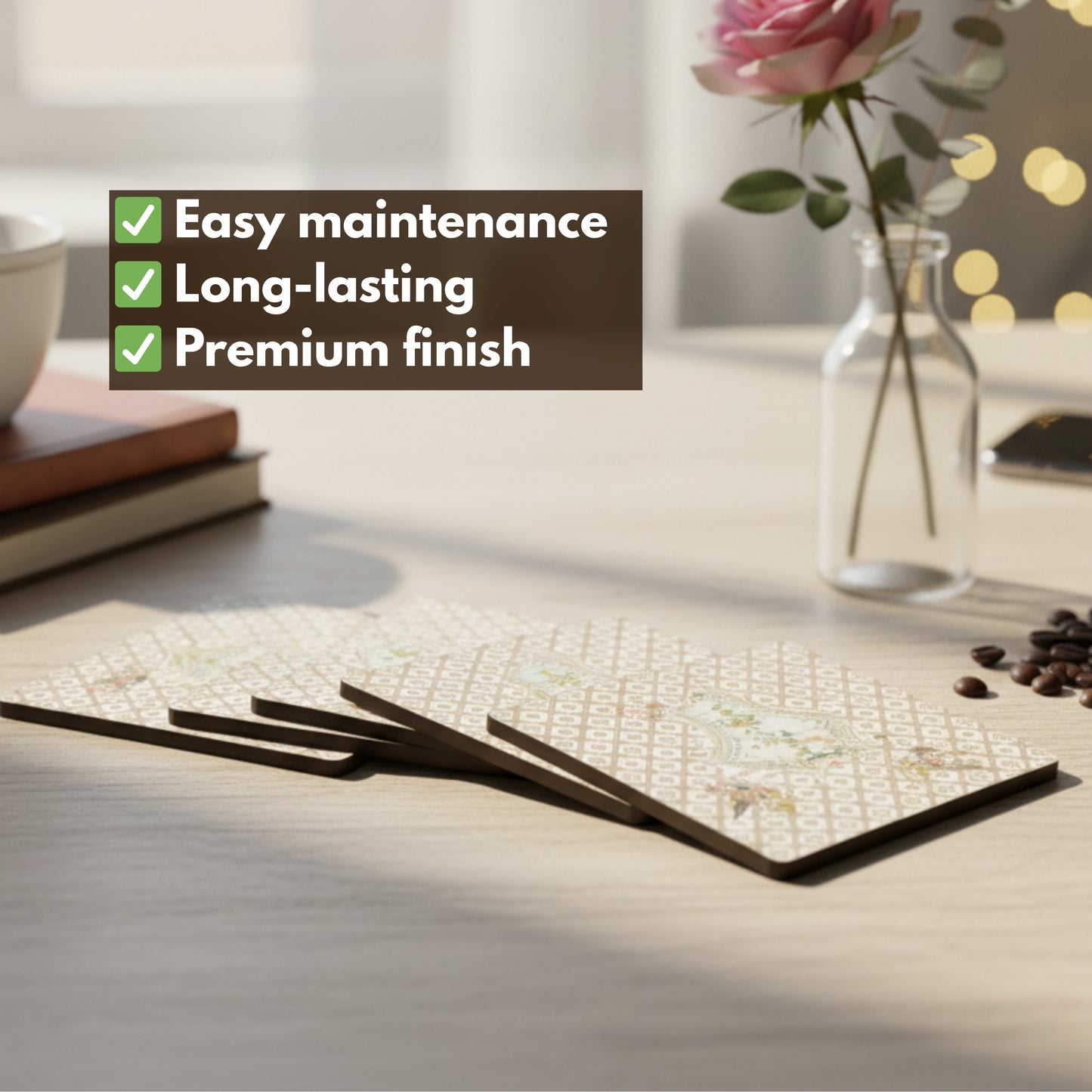 Set of 6 elegant tea coasters with holder — perfect for cups, mugs, and dining tables. Durable, stylish, and ideal for home décor or gifting.