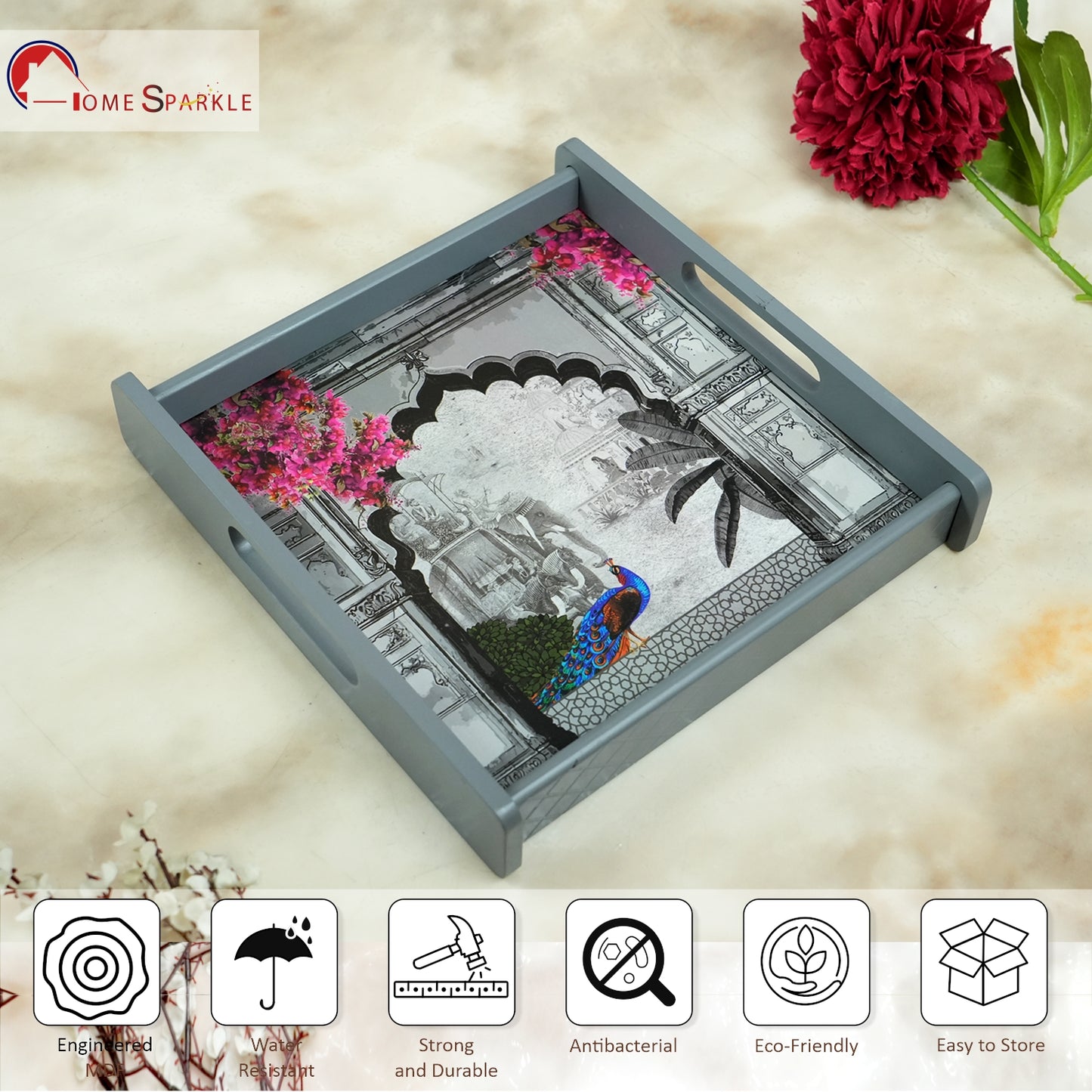 Square Wooden Serving Tray | Elegant Printed Tray for Home & Café Décor
