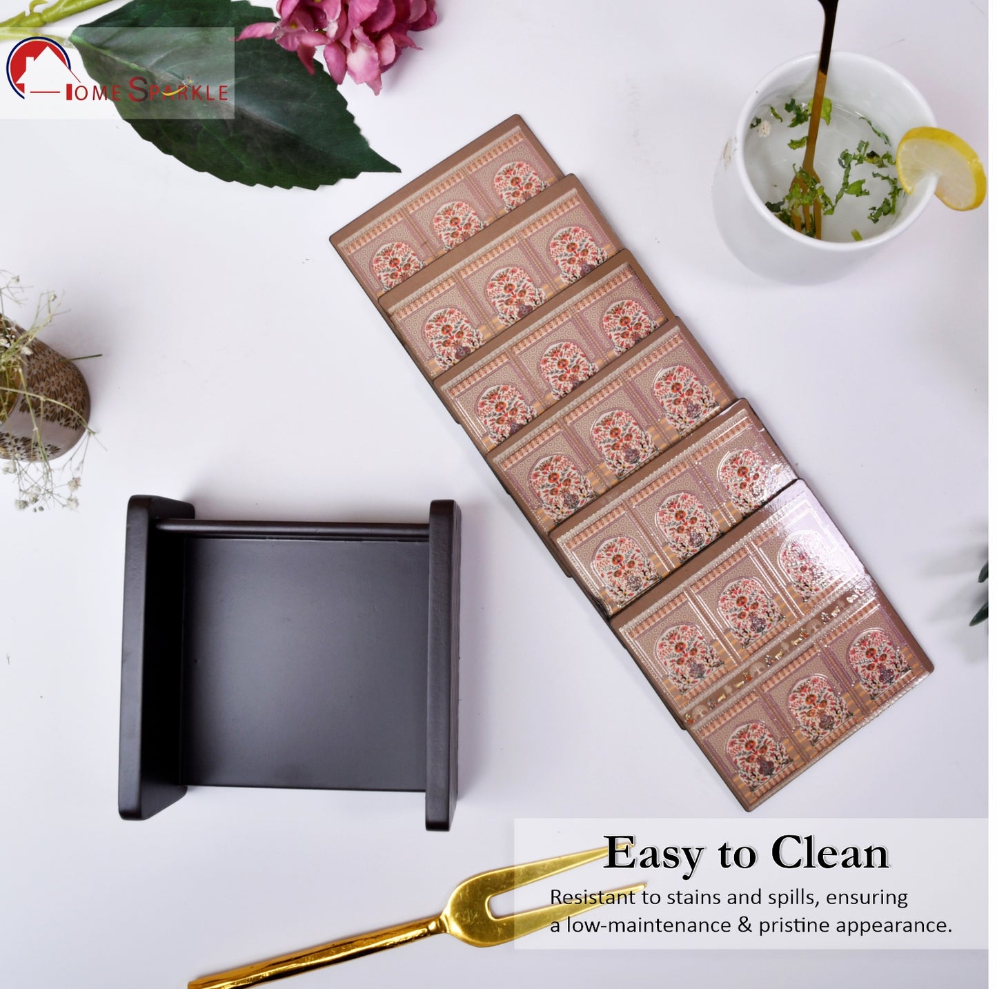 Coasters Set for Dining Table – Tea Coasters for Cups & Mugs | Elegant Table Décor Accessories – Set of 6 with Holder – Durable & Stylish