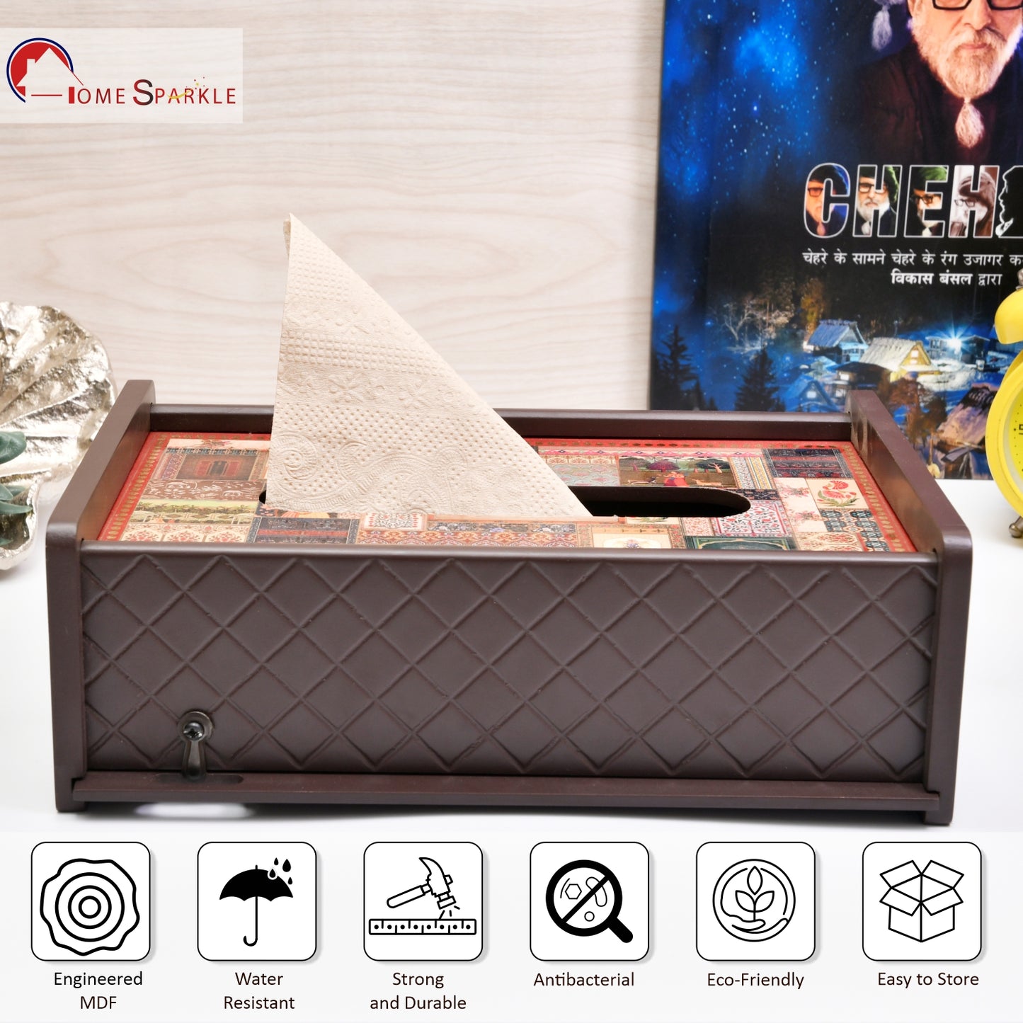 Wooden Tissue Holder for Dining Table | Elegant Printed Napkin Holder for Home, Office & Café Décor