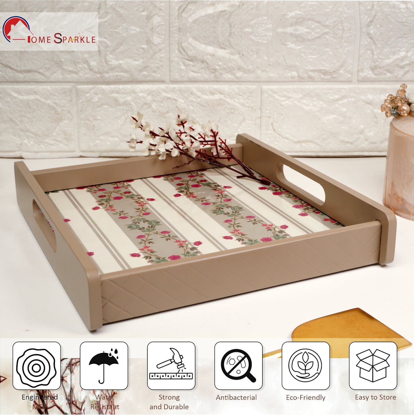 Square Wooden Serving Tray | Elegant Printed Tray for Home & Café Décor