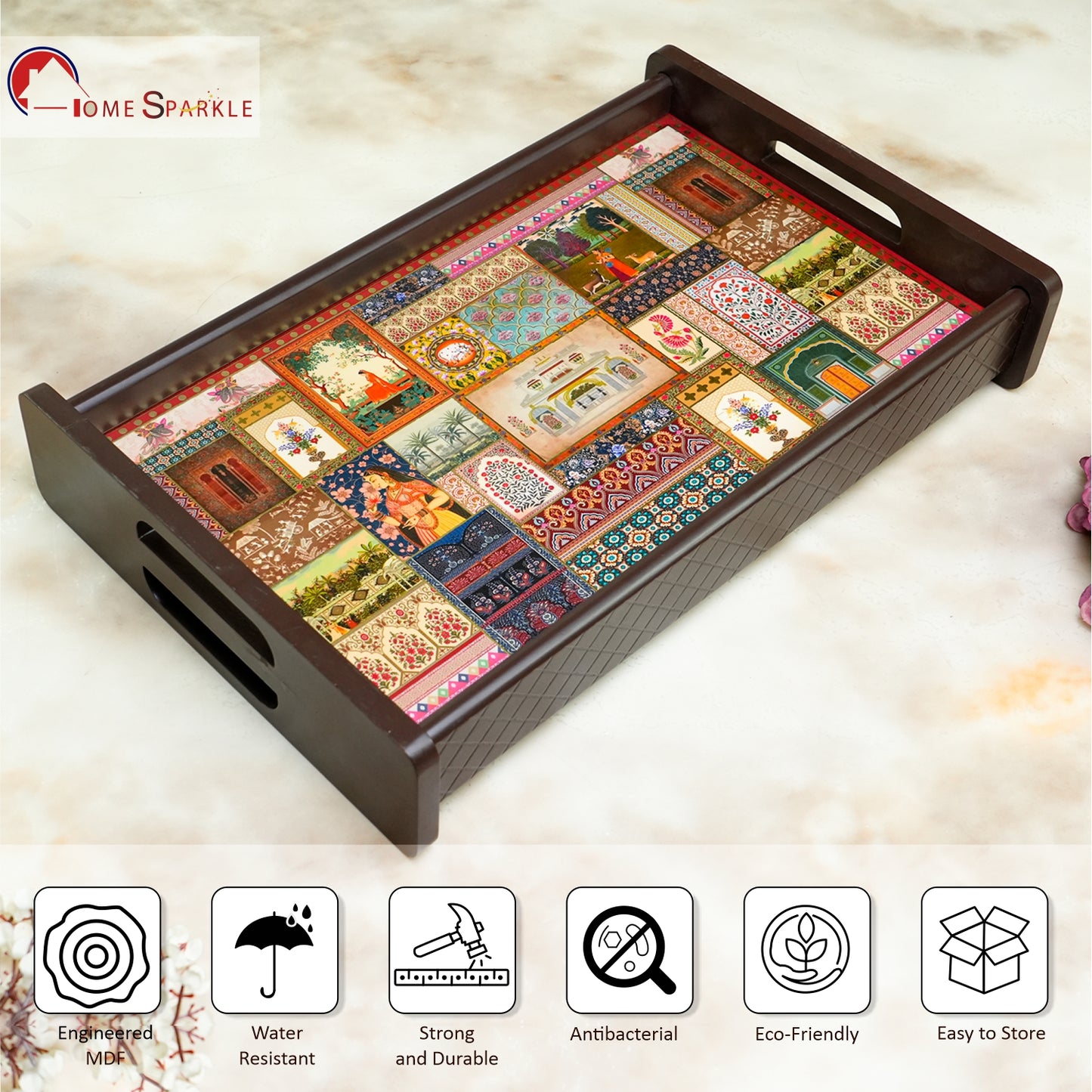 **Home Sparkle 18 Inch Reversible Wooden Serving Tray | Double-Sided Printed Decorative Tray for Tea, Coffee & Breakfast | Elegant Home Serving Tray**