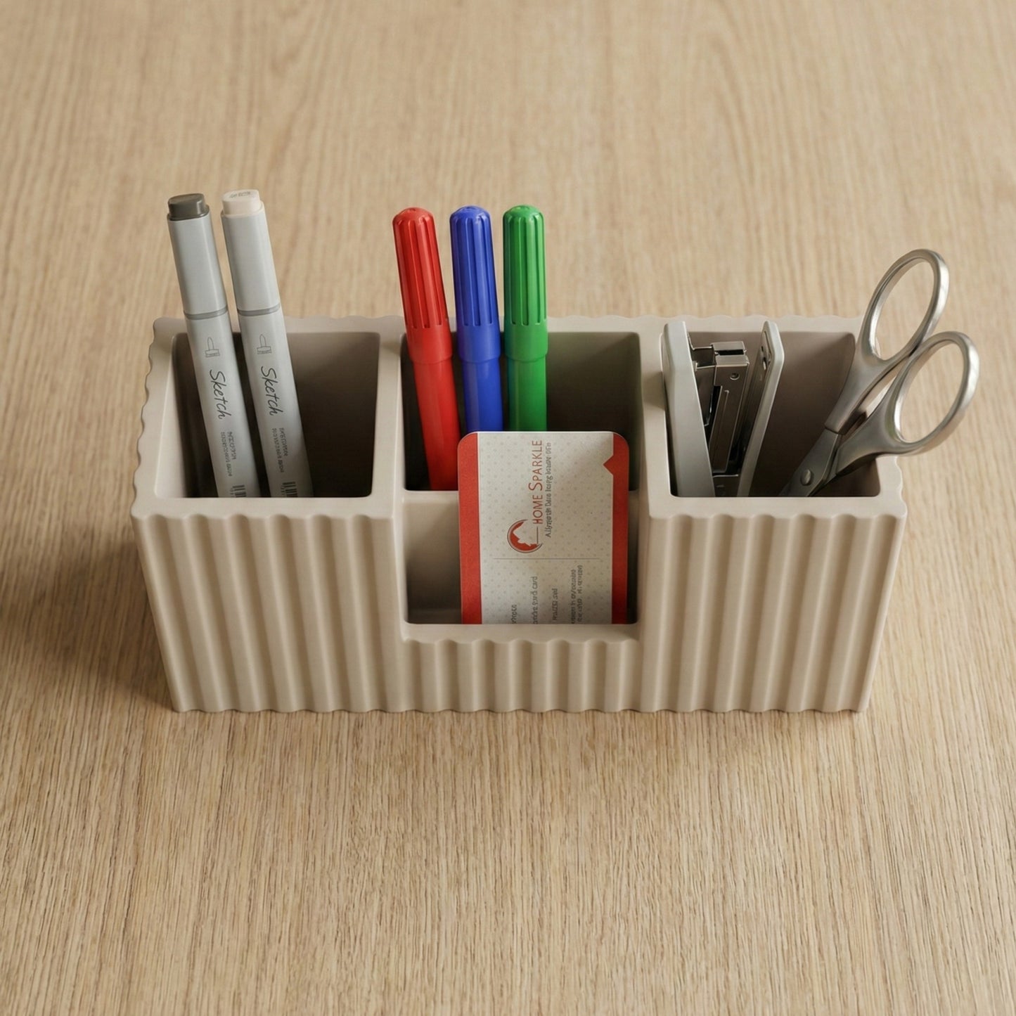 Home Sparkle Wooden Desk Organizer | Beige|Desktop Accessories Organizer for Office & Home | Multi-Compartment Pen, Pencil, Scissors & Card Holder