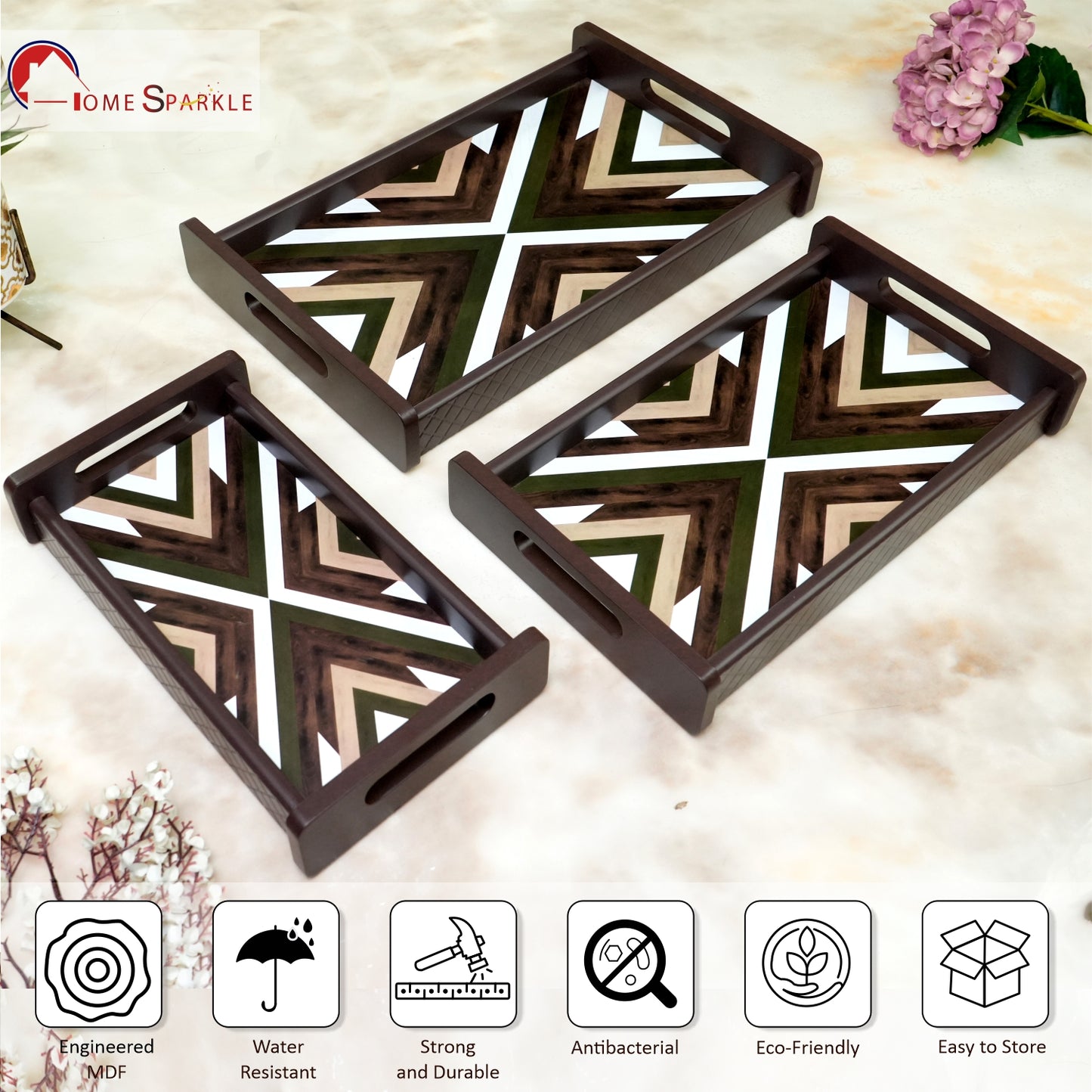 HomeSparkle Wooden Serving Tray Set of 3 – Sizes 16x10, 14x8 & 12x6 inch | Water-Resistant | MDF Print | Engineered Wood | Rectangular, Strong & Durable | Tray Set