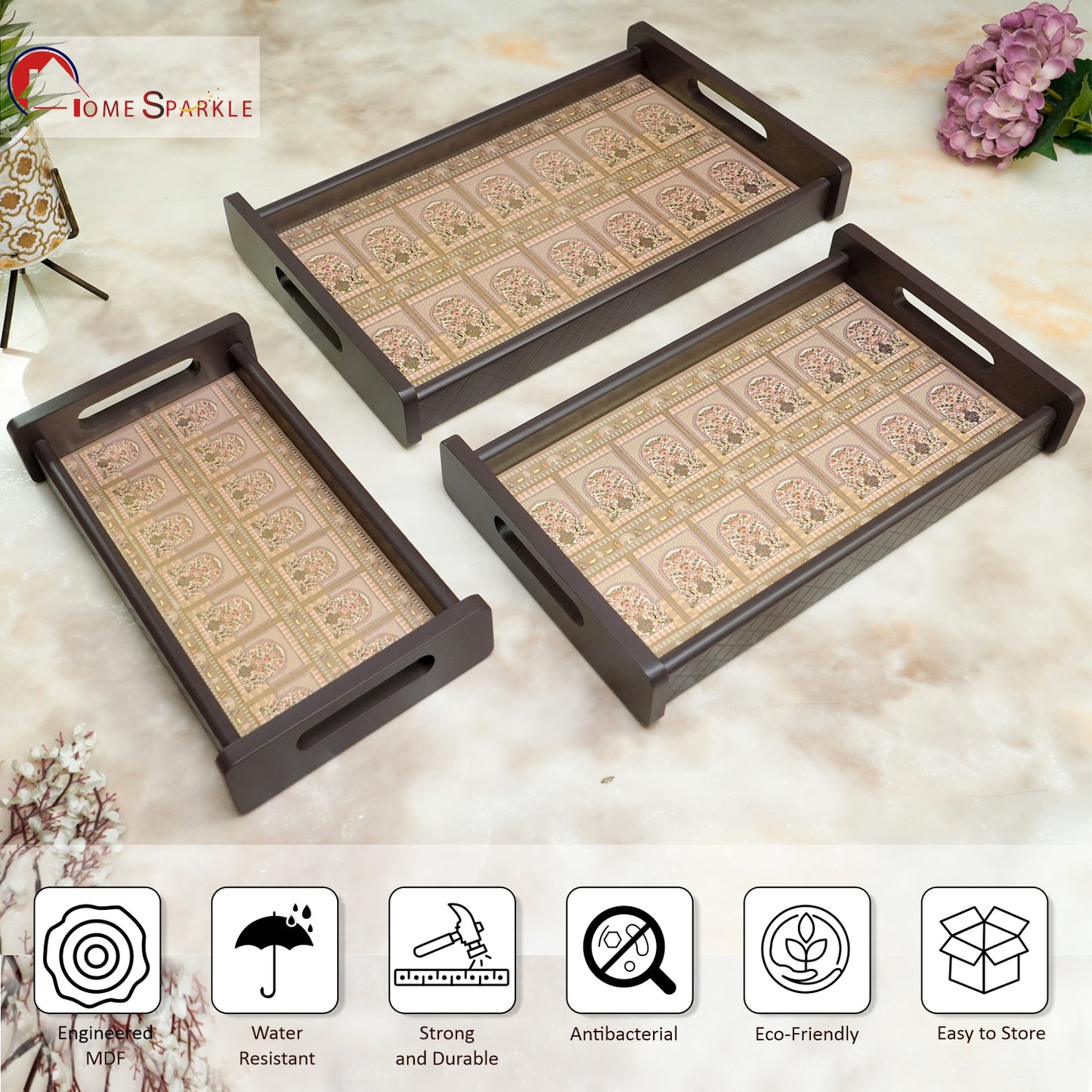 Stylish set of 3 printed wooden serving trays — perfect for tea, coffee, snacks, and home décor. Durable, elegant, and ideal for everyday use or gifting.