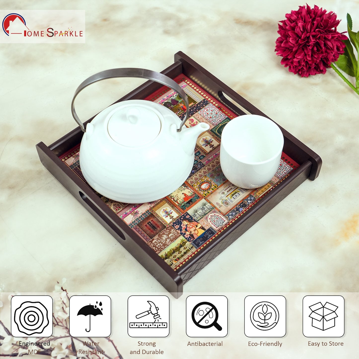 Square Wooden Serving Tray | Elegant Printed Tray for Home & Décor