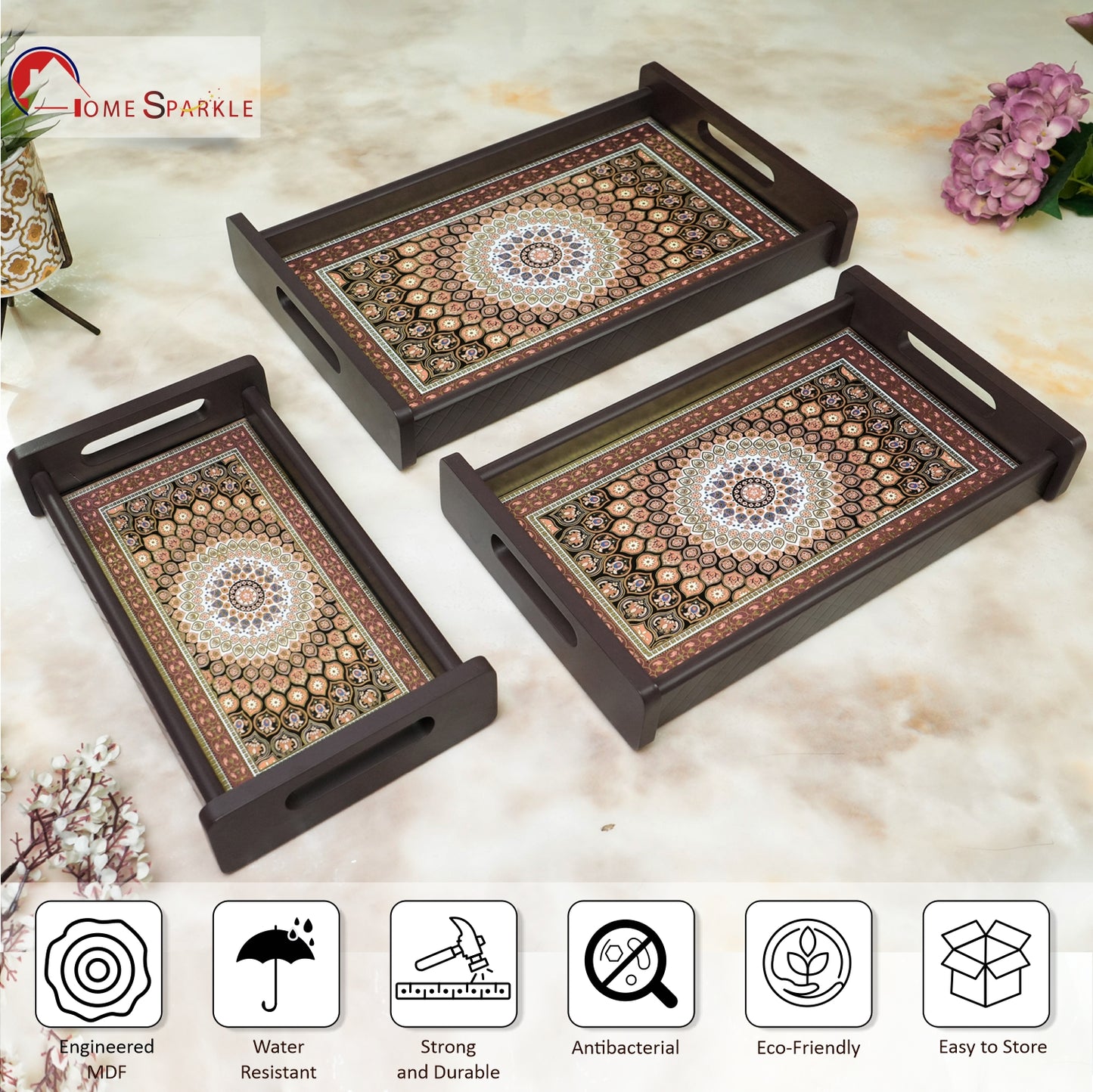 HomeSparkle Wooden Serving Tray Set of 3 – Sizes 16x10, 14x8 & 12x6 inch | Water-Resistant | MDF Print | Engineered Wood | Rectangular, Strong & Durable | Tray Set