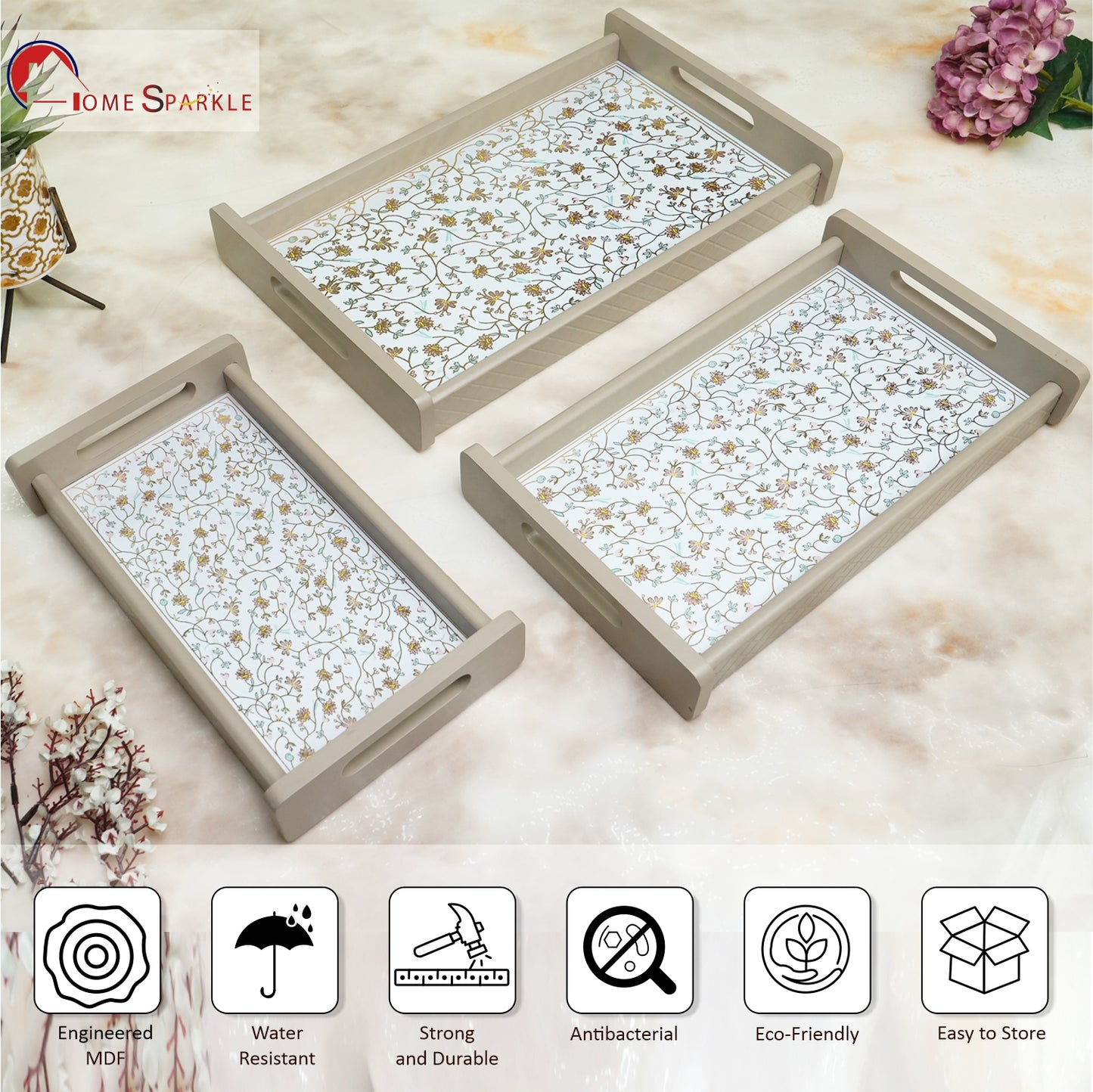 Wooden Serving Tray Set of 3 – Sizes 16x10, 14x8 & 12x6 inch | Water-Resistant | MDF Print | Engineered Wood | Rectangular, Strong & Durable