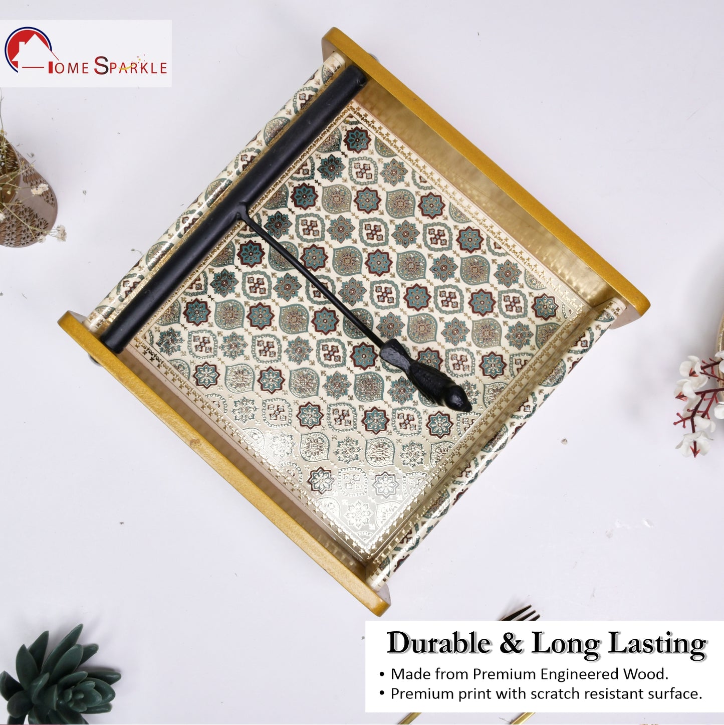 Wooden Tissue Box Holder for Dining Table & Living Room | Elegant Printed Napkin Organizer with Metal Handle