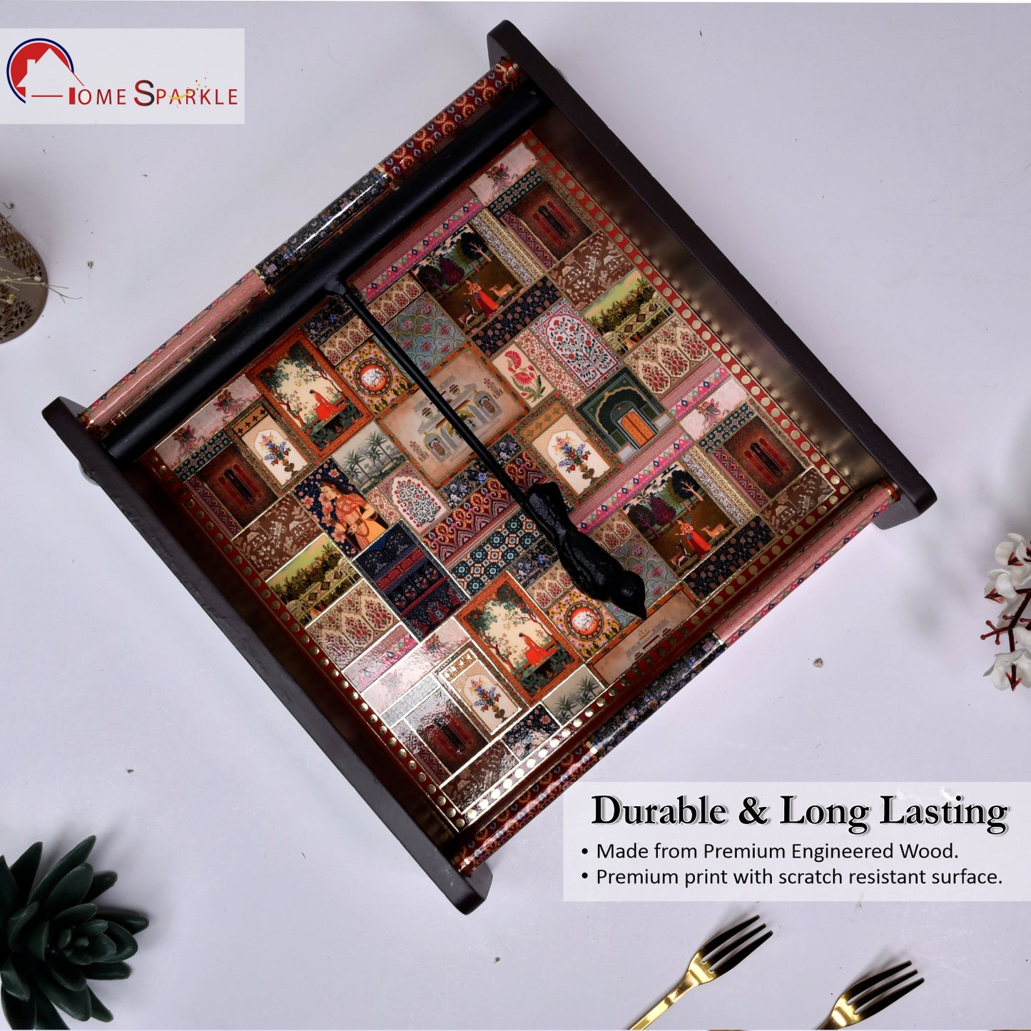 Wooden Tissue Box Holder for Dining Table & Living Room | Elegant Printed Napkin Organizer with Metal Handle