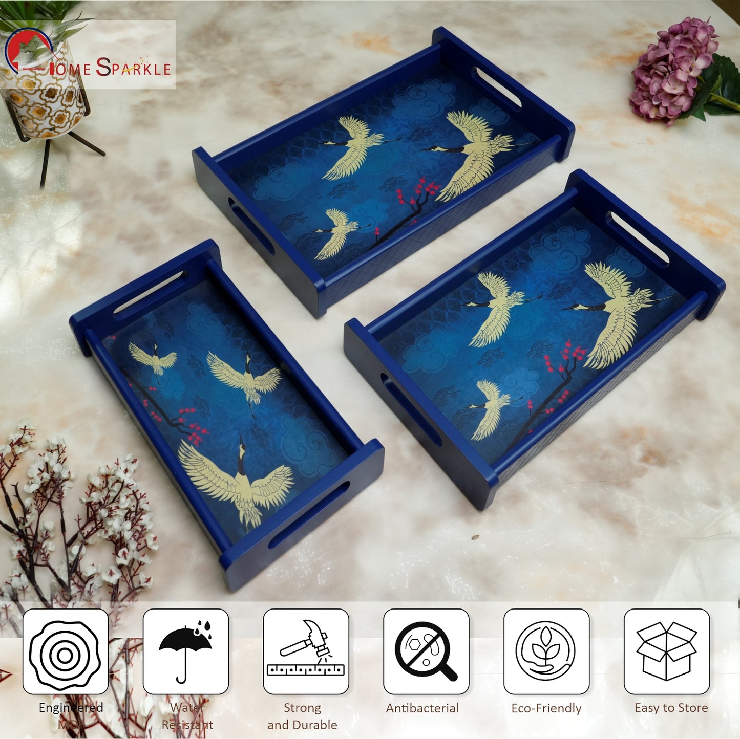 Home Sparkle Wooden Serving Tray Set of 3 – Sizes 16x10, 14x8 & 12x6 inch | Water-Resistant | MDF Print | Engineered Wood | Rectangular, Strong & Durable | Tray Set