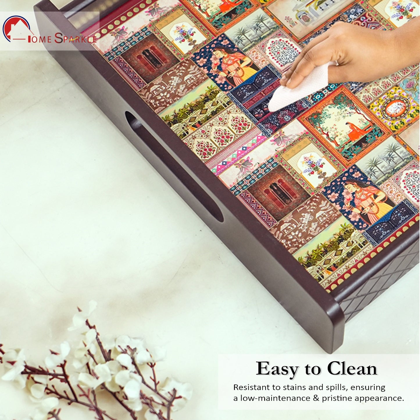 Square Wooden Serving Tray | Elegant Printed Tray for Home & Décor