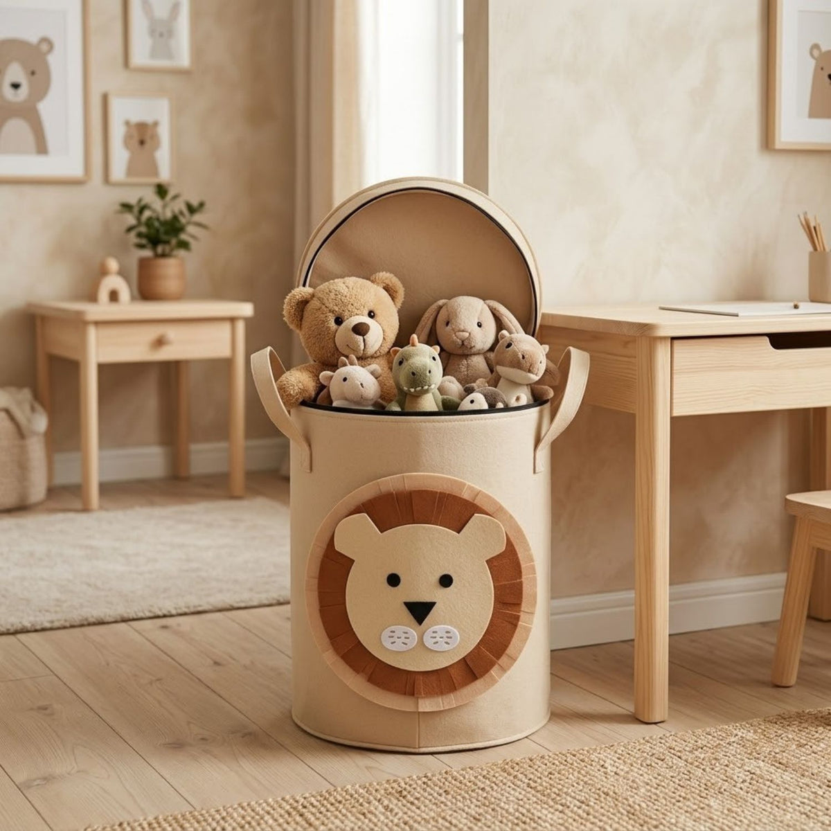 Laundry Basket & Toy Storage Basket with Lid and Handles – Cute Lion Design