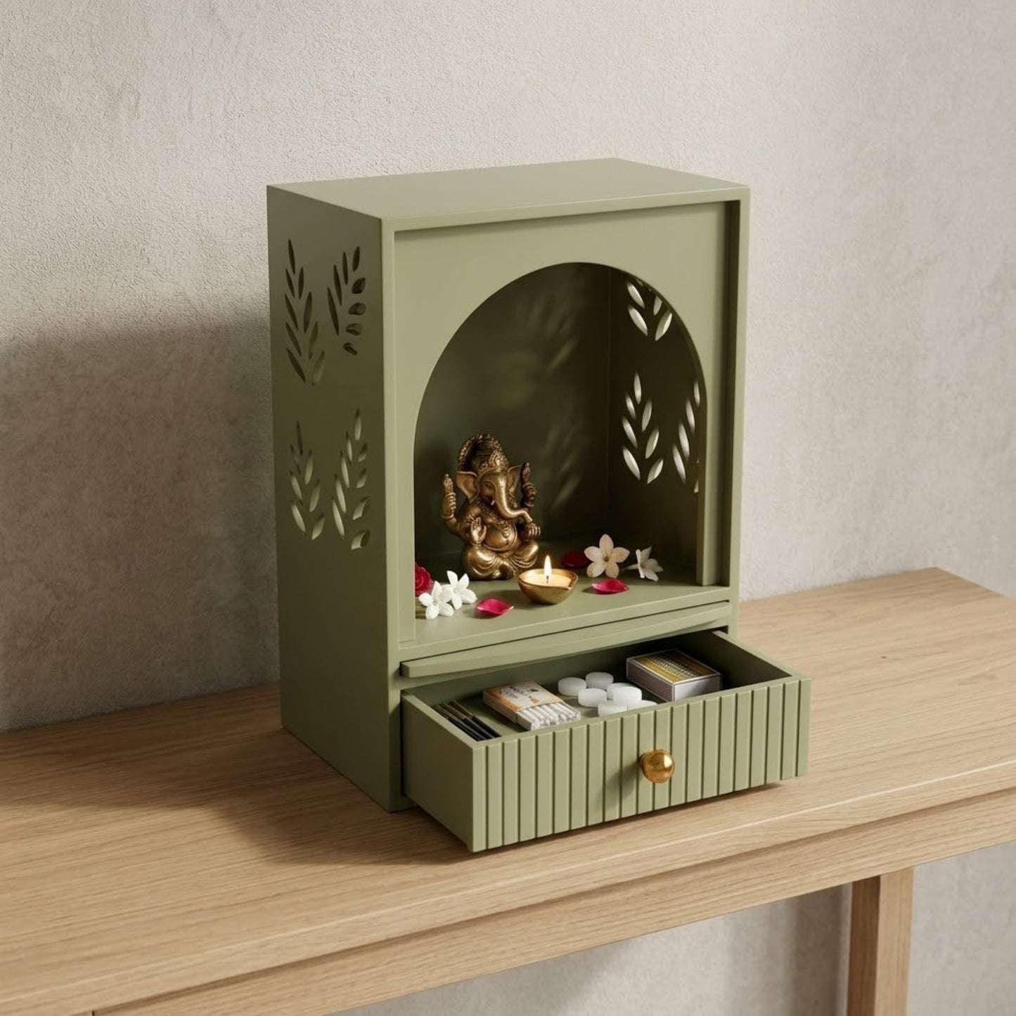 Home Sparkle Modern Wooden Mandir | Leaf Pattern Home Temple with Storage Drawer