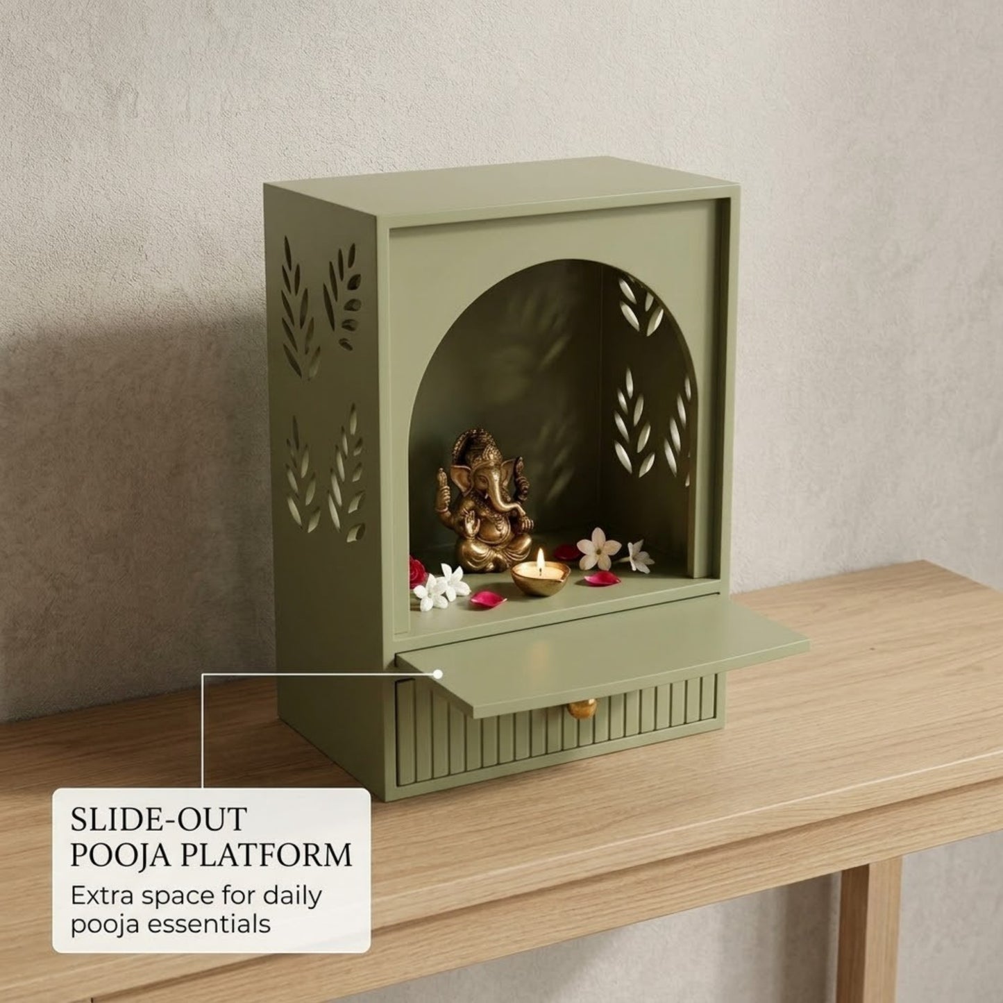 Home Sparkle Modern Wooden Mandir | Leaf Pattern Home Temple with Storage Drawer