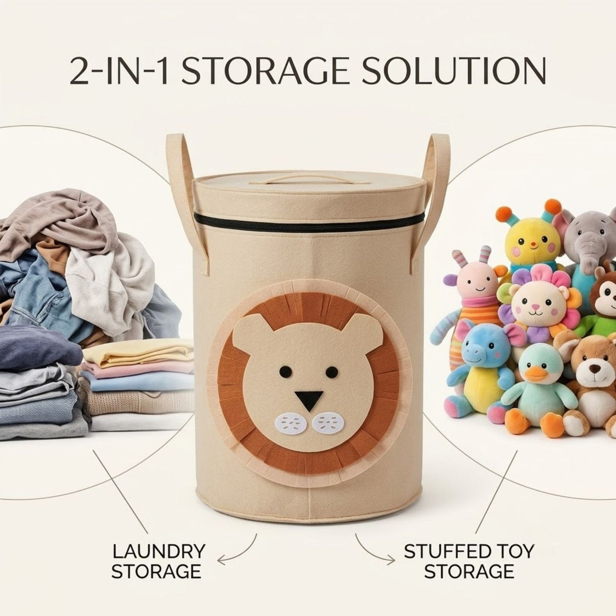 Laundry Basket & Toy Storage Basket with Lid and Handles – Cute Lion Design