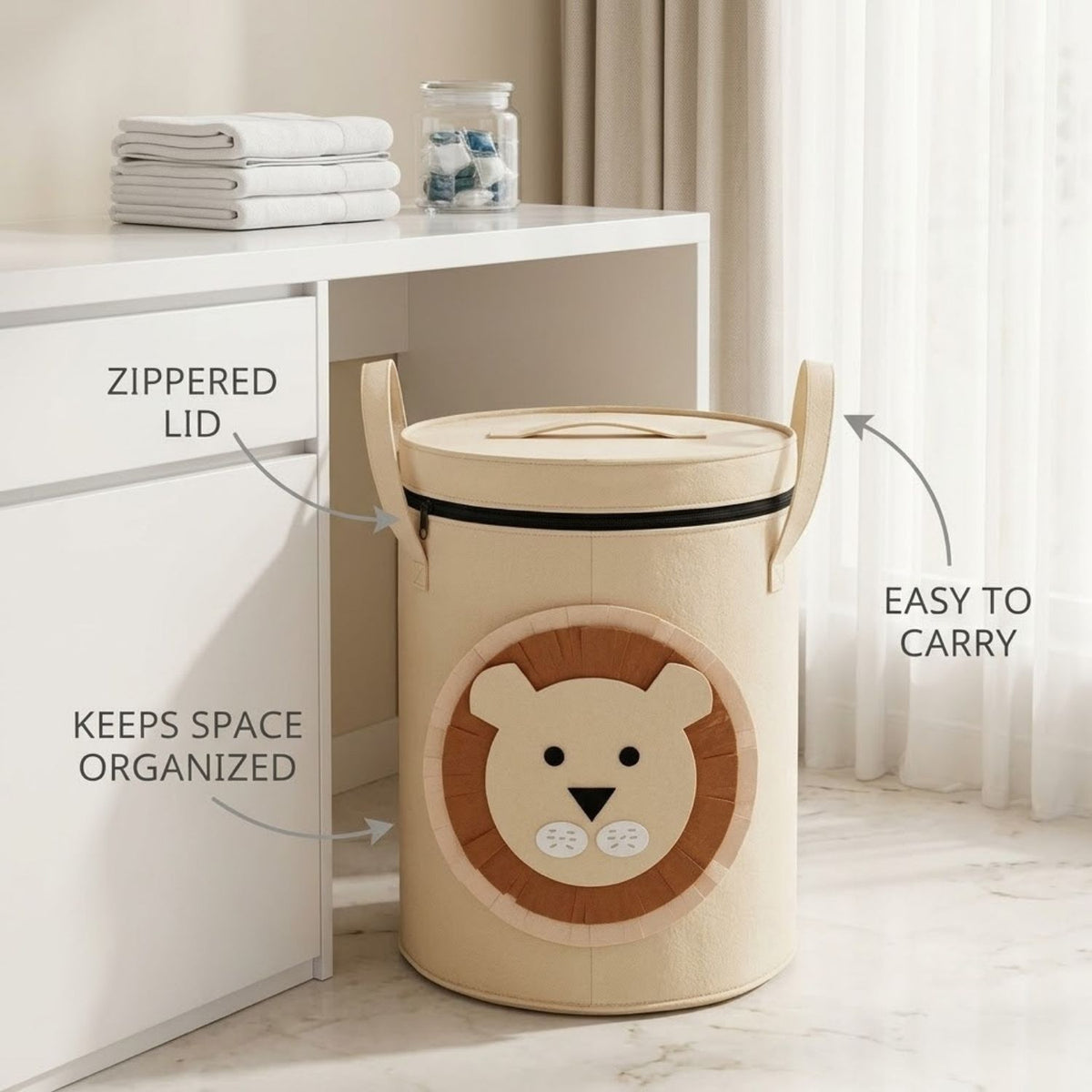 Laundry Basket & Toy Storage Basket with Lid and Handles – Cute Lion Design