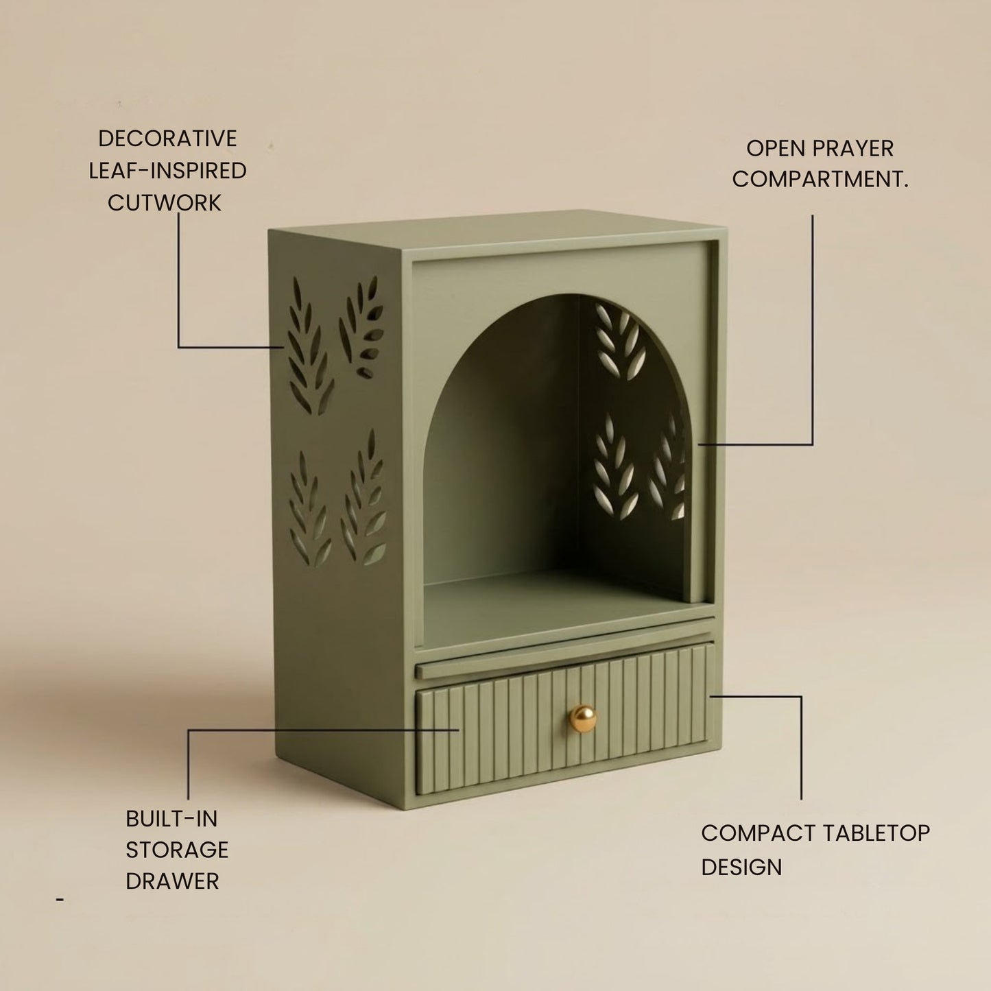 Home Sparkle Modern Wooden Mandir | Leaf Pattern Home Temple with Storage Drawer