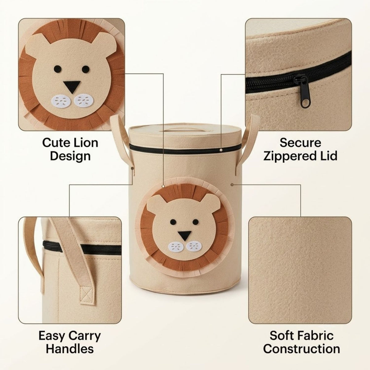 Laundry Basket & Toy Storage Basket with Lid and Handles – Cute Lion Design