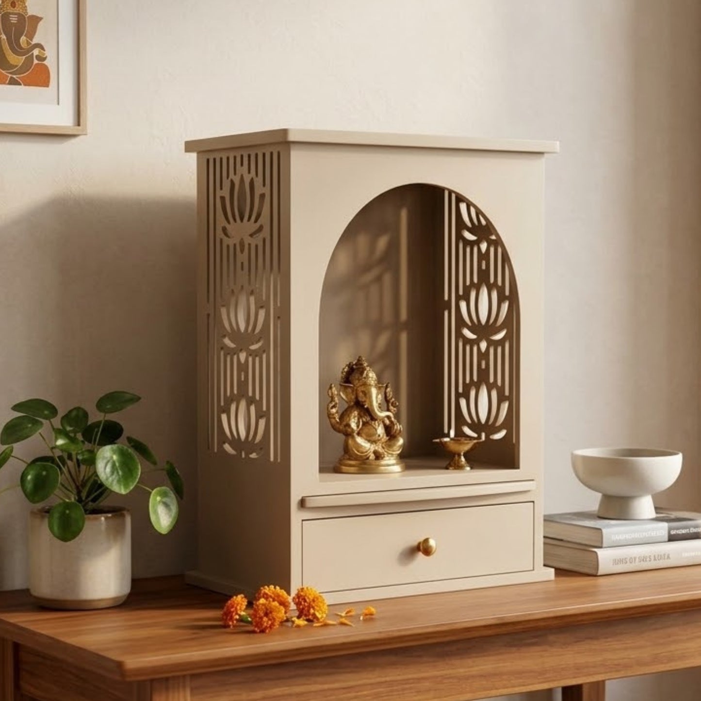 Home Sparkle Modern Wooden Home Temple with Drawer | Beige Finish Pooja Mandir for Home
