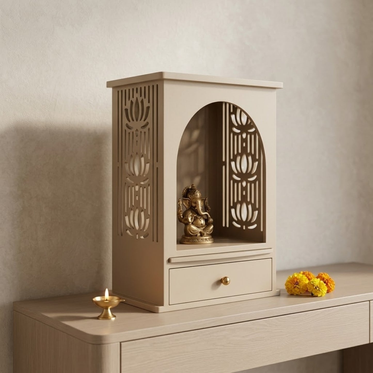 Home Sparkle Modern Wooden Home Temple with Drawer | Beige Finish Pooja Mandir for Home