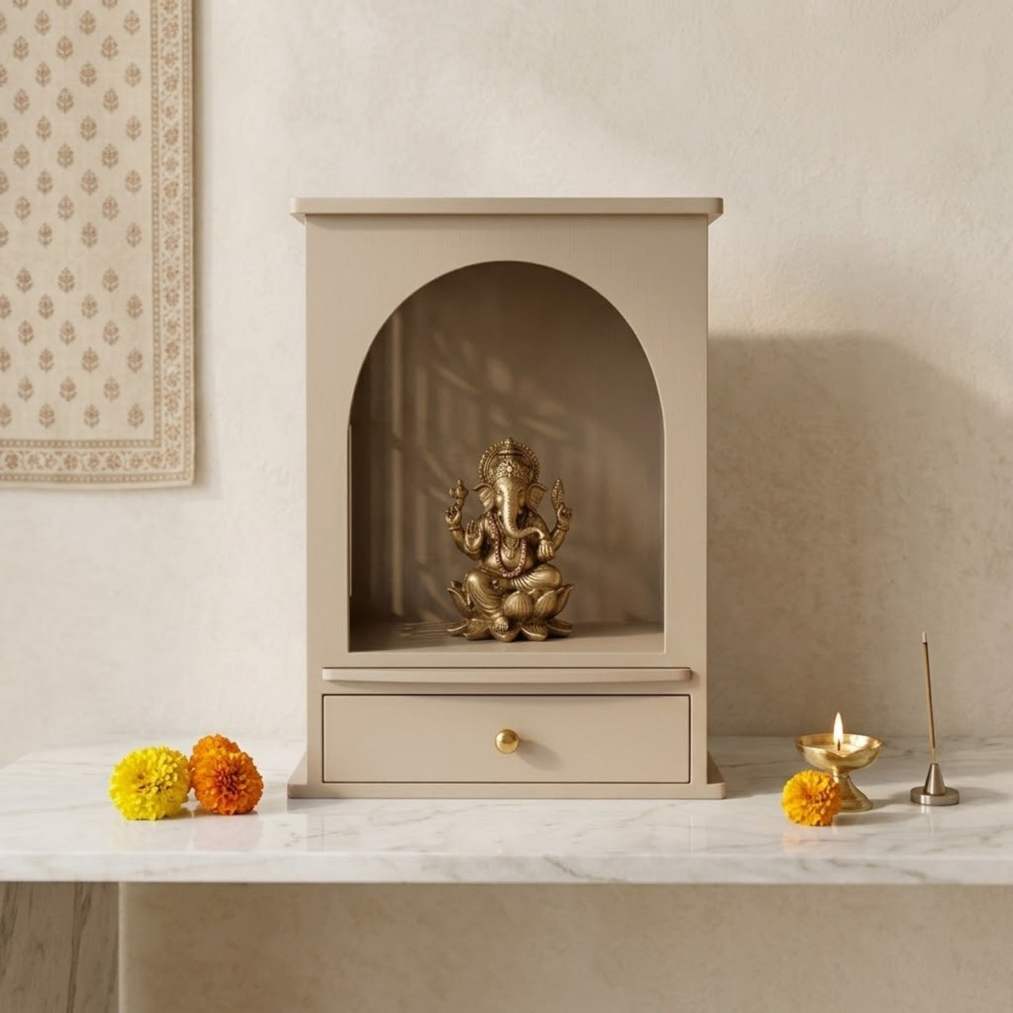 Home Sparkle Modern Wooden Home Temple with Drawer | Beige Finish Pooja Mandir for Home