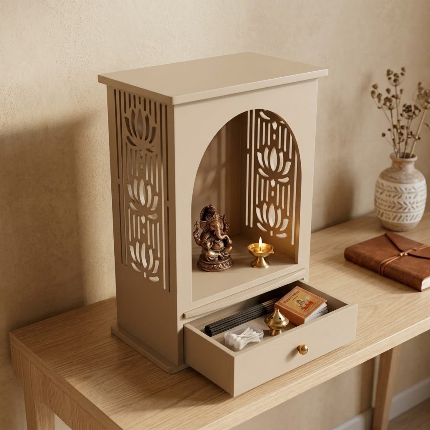 Home Sparkle Modern Wooden Home Temple with Drawer | Beige Finish Pooja Mandir for Home