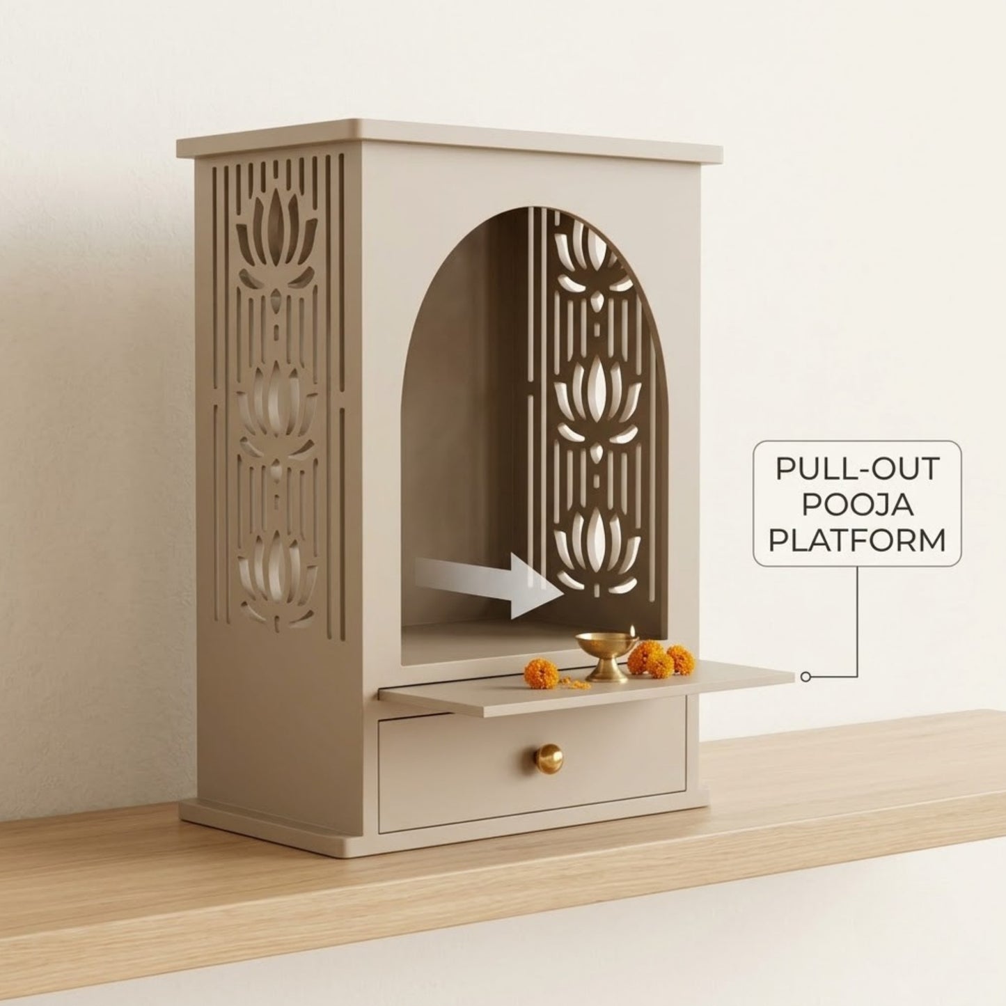 Home Sparkle Modern Wooden Home Temple with Drawer | Beige Finish Pooja Mandir for Home