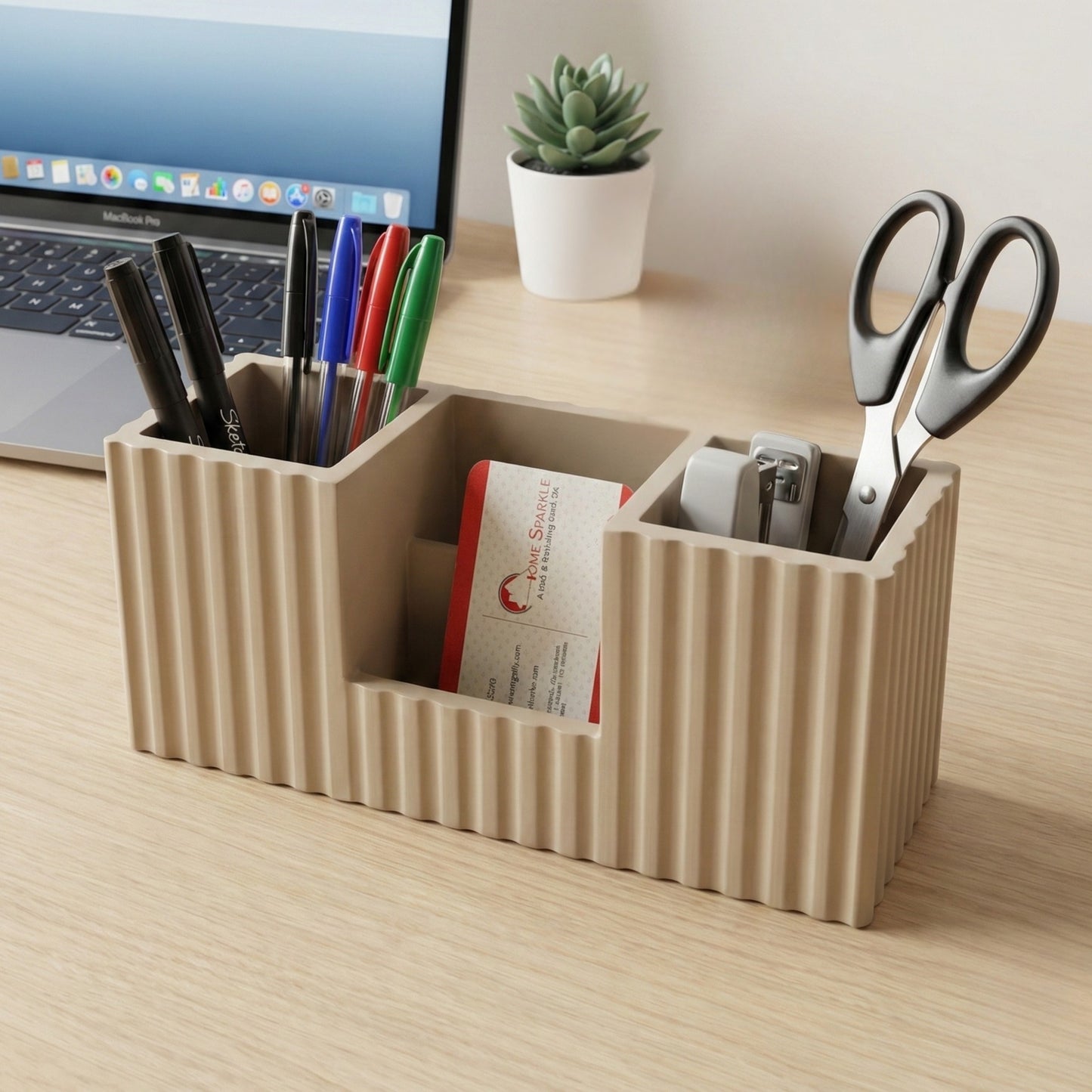 Home Sparkle Wooden Desk Organizer | Beige|Desktop Accessories Organizer for Office & Home | Multi-Compartment Pen, Pencil, Scissors & Card Holder