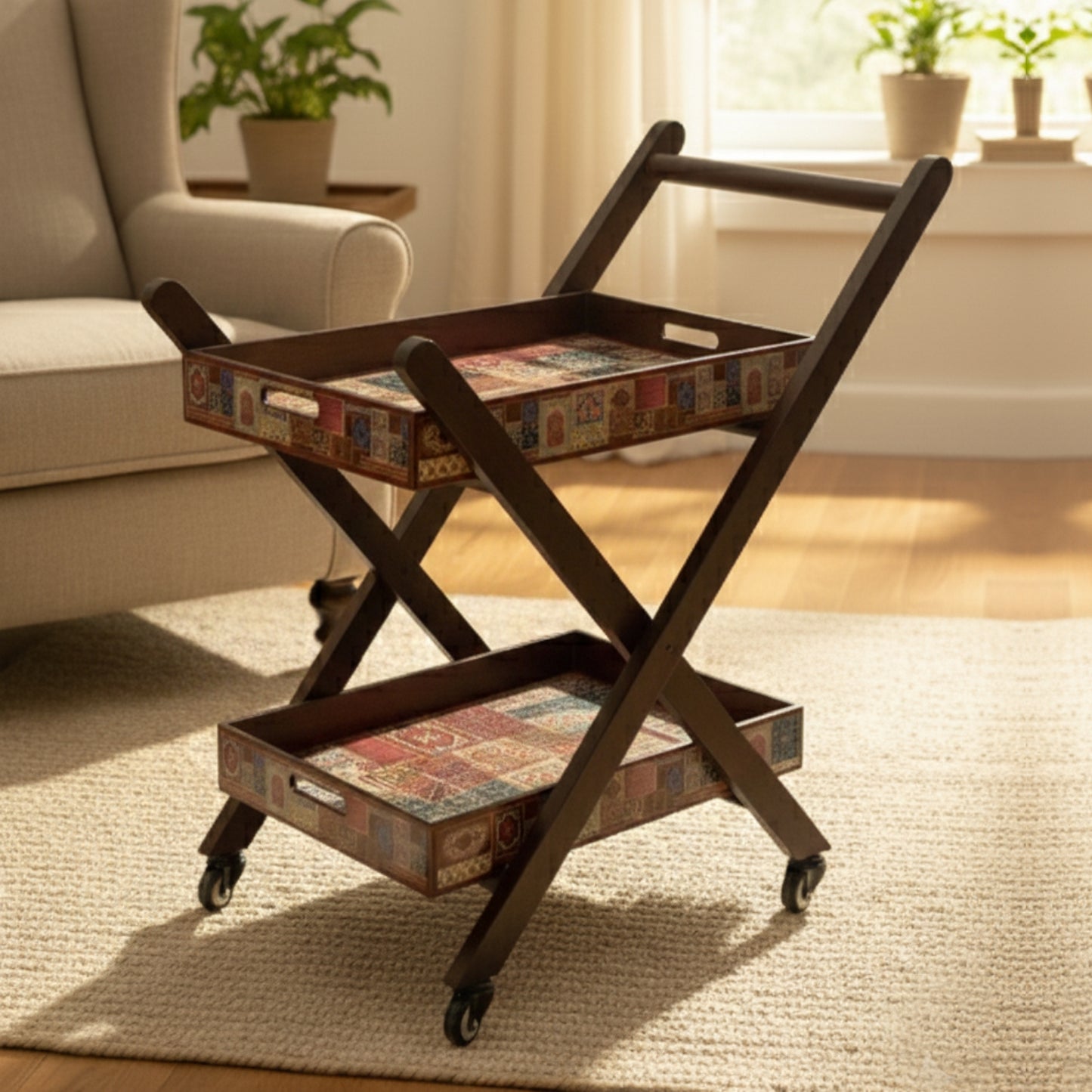Home Sparkle Premium Folding Tea Trolley with 2 Removable Serving Trays | Wooden Rolling Serving Cart with Wheels | Mosaic Pattern | Kitchen, Dining & Living Room Utility Trolley