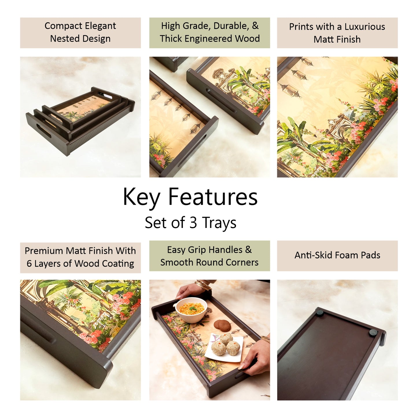 HomeSparkle Wooden Serving Tray Set of 3 – Sizes 16x10, 14x8 & 12x6 inch | Water-Resistant | MDF Print | Engineered Wood | Rectangular, Strong & Durable | Tray Set