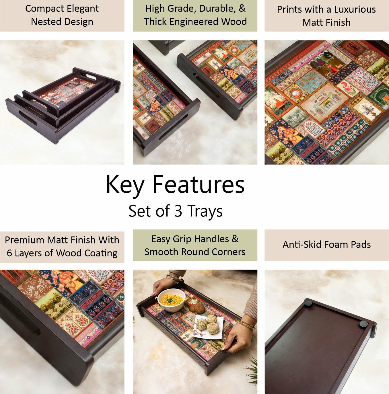 Home Sparkle Wooden Serving Tray Set of 3 | Decorative Printed MDF Breakfast & Coffee Trays with Handles | Multipurpose Serving & Organizer Trays | Water Resistant Finish