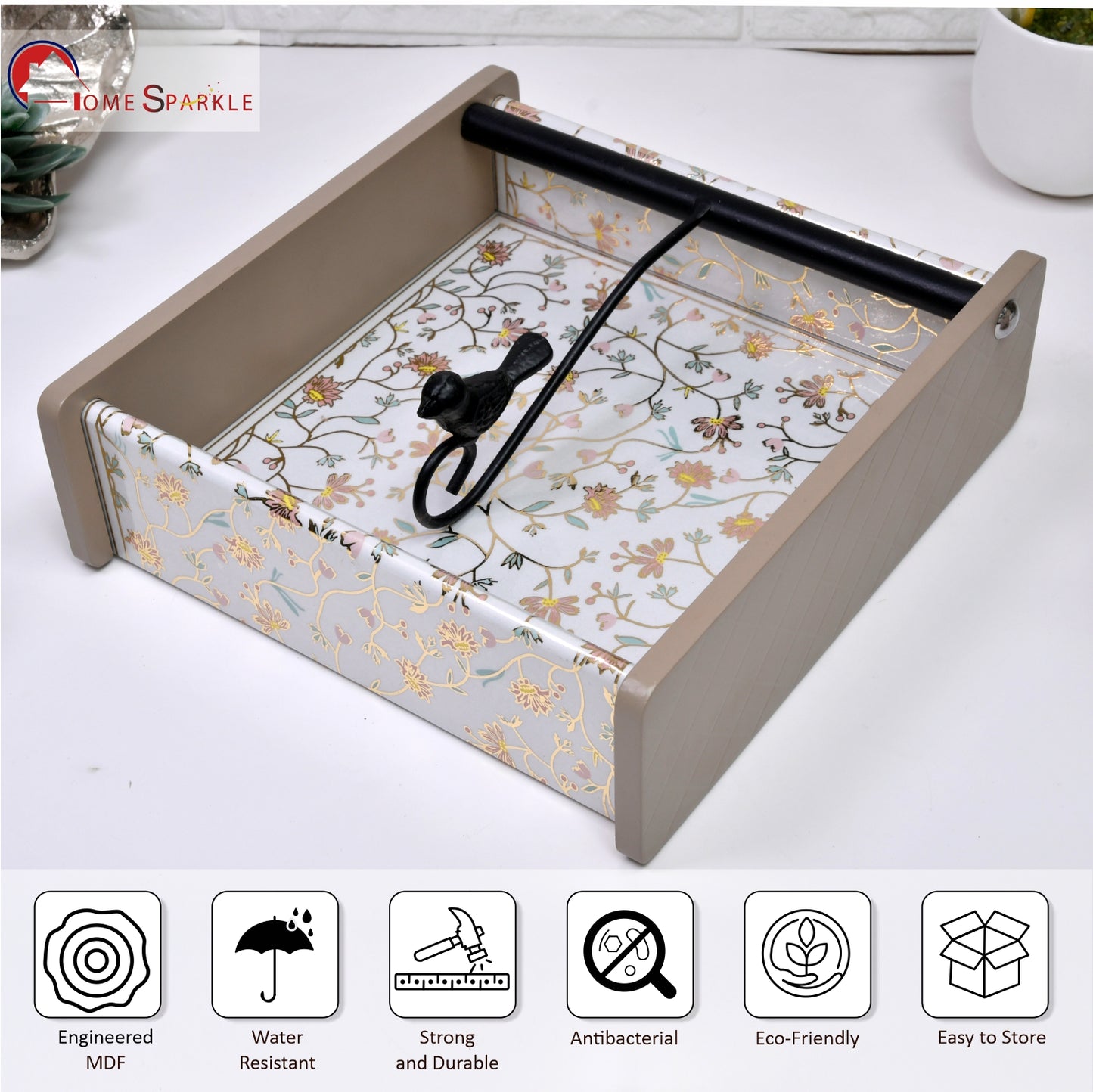Wooden Tissue Box Holder for Dining Table & Living Room | Elegant Printed Napkin Organizer with Metal Handle