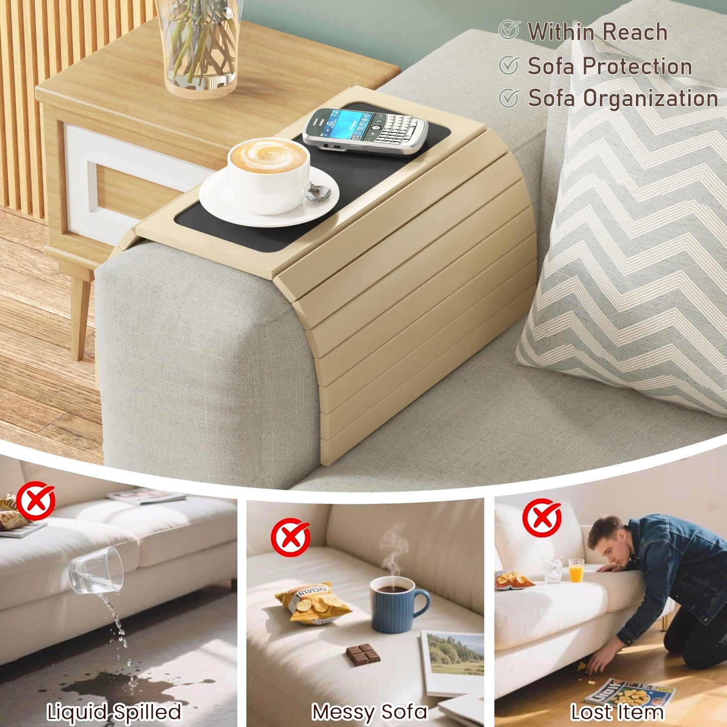 Home Sparkle Wooden Sofa Arm Tray – Adjustable, Foldable Couch Armrest Table & Cup Holder for Snack, Drinks, Phone, Remote