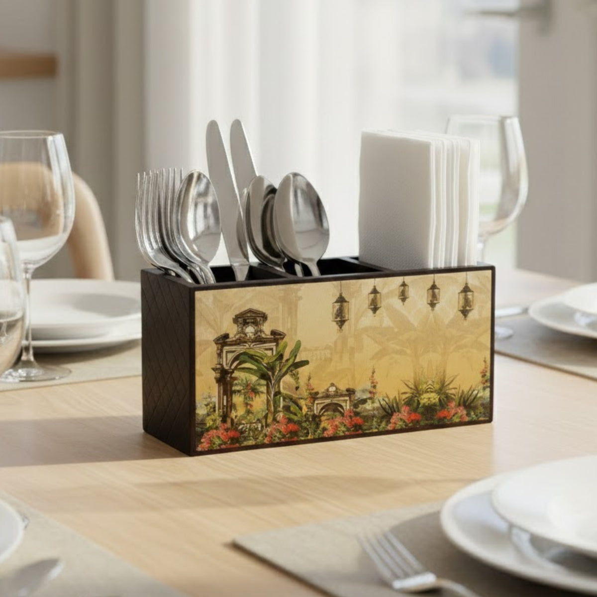 **Home Sparkle Wooden Cutlery & Tissue Holder | Decorative Tabletop Organizer with Separate Compartments | Spoon, Fork & Napkin Storage Box | Printed MDF Dining Table Organizer**