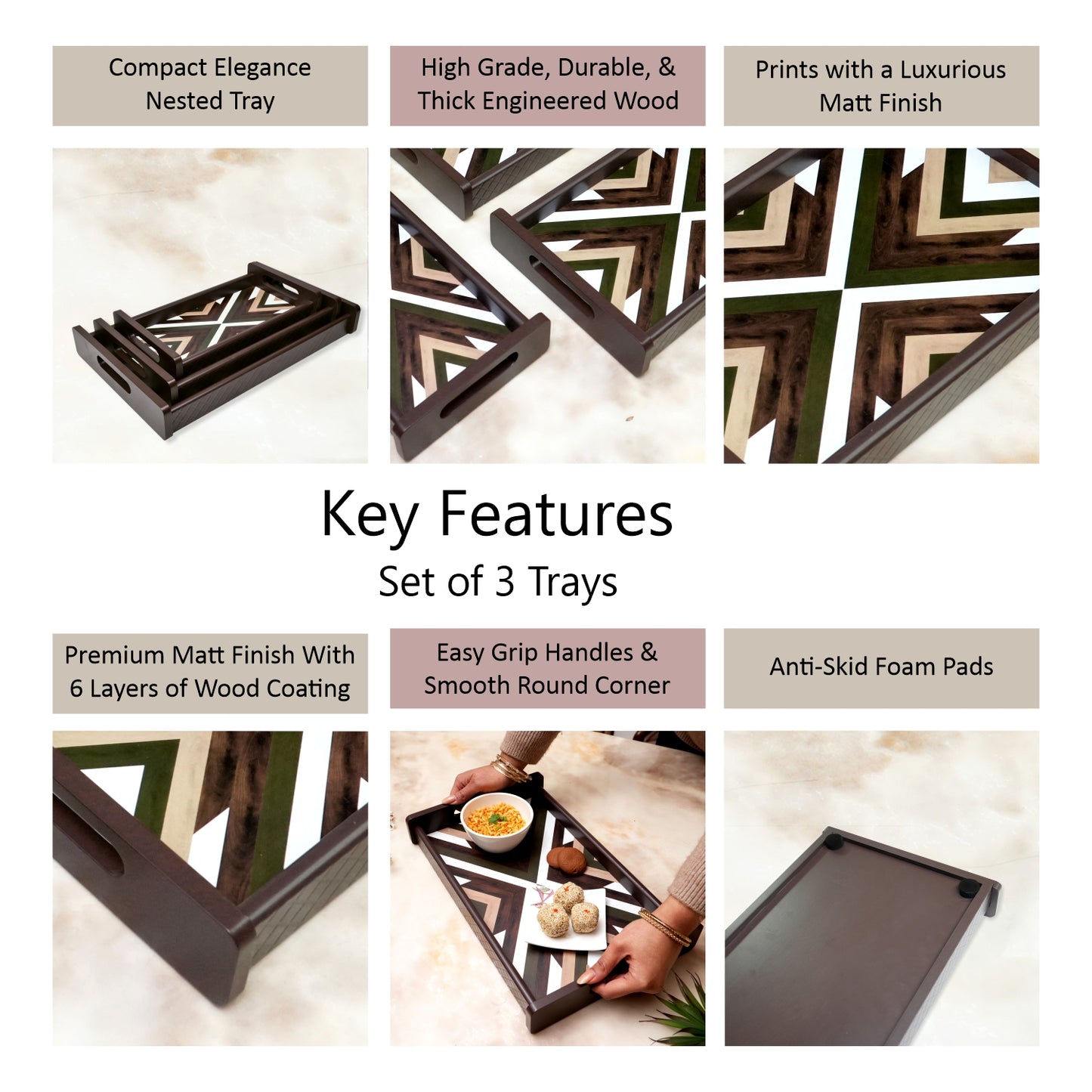 HomeSparkle Wooden Serving Tray Set of 3 – Sizes 16x10, 14x8 & 12x6 inch | Water-Resistant | MDF Print | Engineered Wood | Rectangular, Strong & Durable | Tray Set