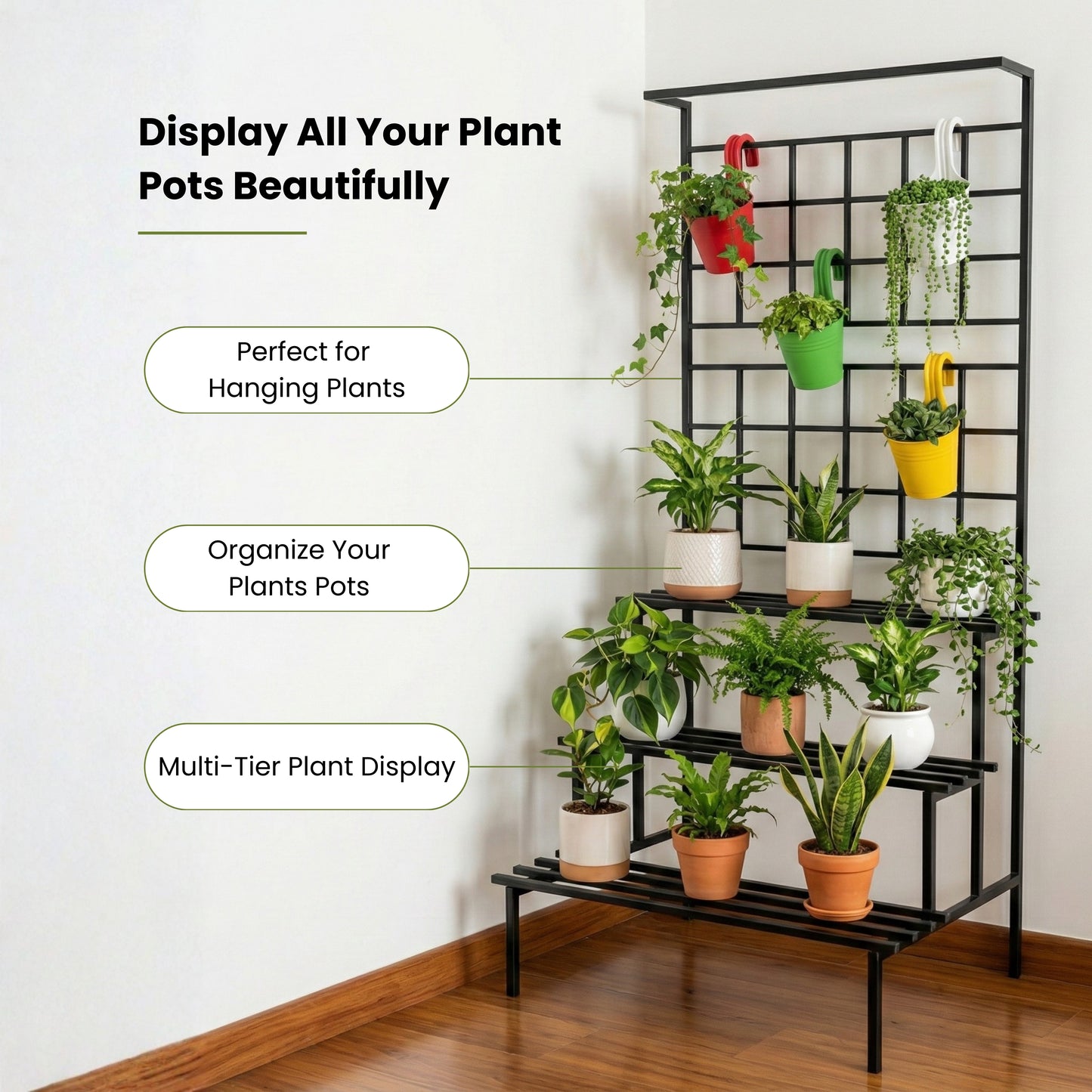 Home Sparkle Metal 3 Tier Plant Stand |Black|Indoor & Outdoor Flower Pot Stand for Balcony, Living Room, Patio & Garden | Decorative Planter Holder for Home Decor