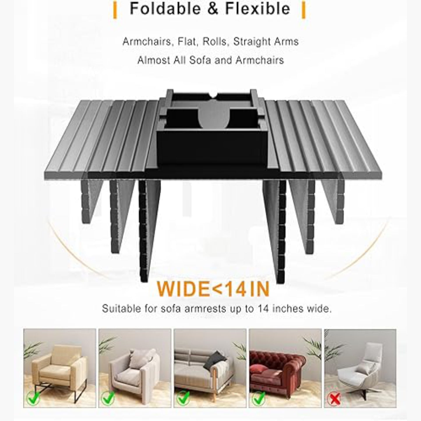 Home Sparkle Bamboo Couch Armrest Tray 2 in 1 - Cup Holder & Sofa Arm Tray - Anti-Slip, Foldable - Black