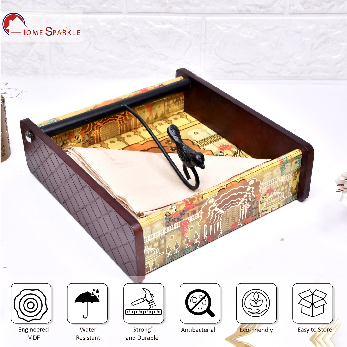 Wooden Tissue Box Holder for Dining Table & Living Room | Elegant Printed Napkin Organizer with Metal Handle