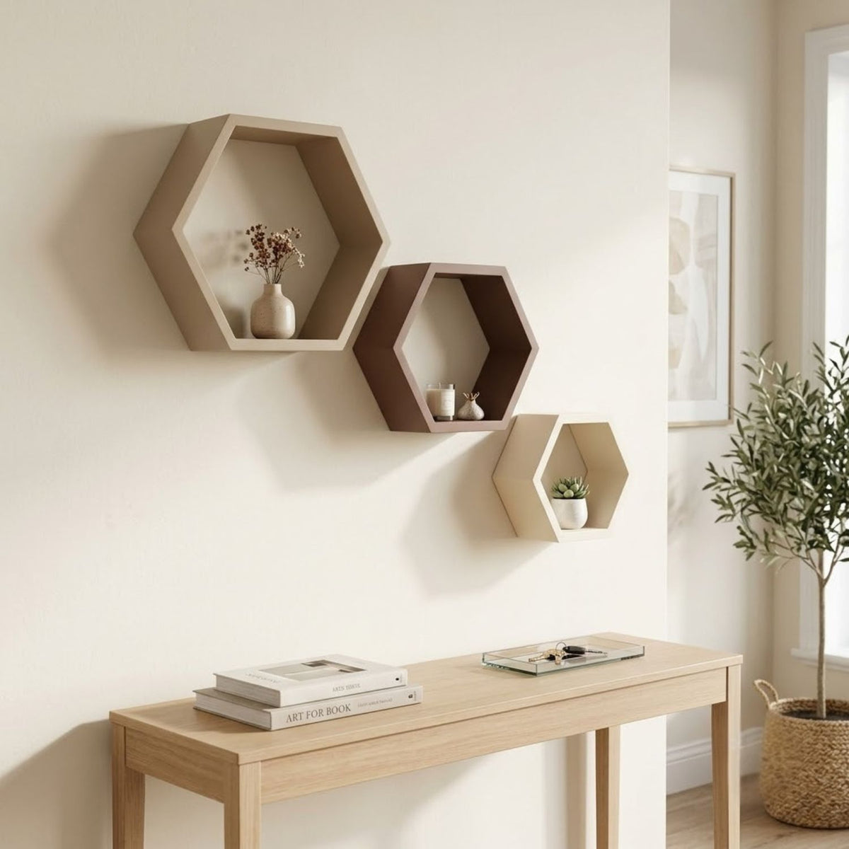 Hexagon Wall Shelf Set of 3 – Beige, Pale Brown & Ivory White