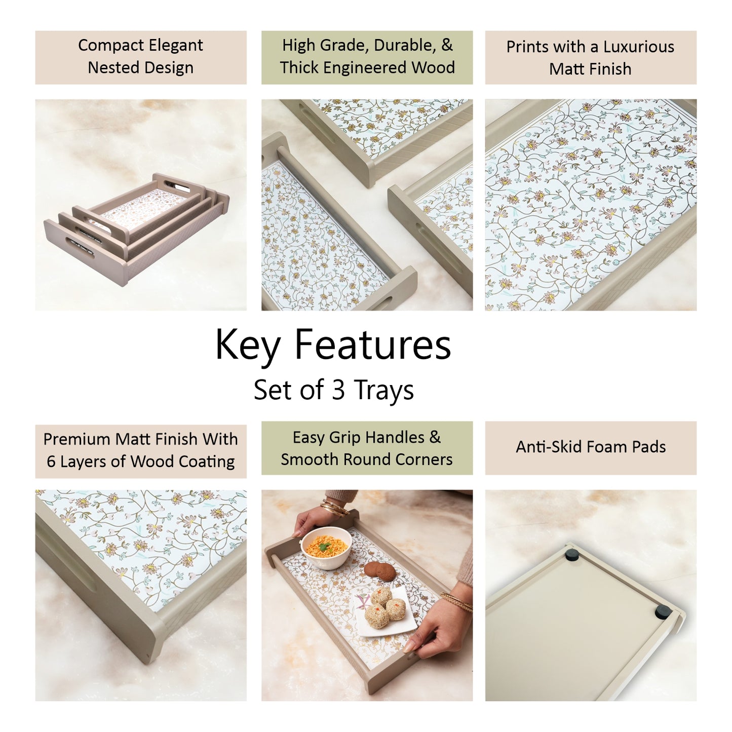 Wooden Serving Tray Set of 3 – Sizes 16x10, 14x8 & 12x6 inch | Water-Resistant | MDF Print | Engineered Wood | Rectangular, Strong & Durable