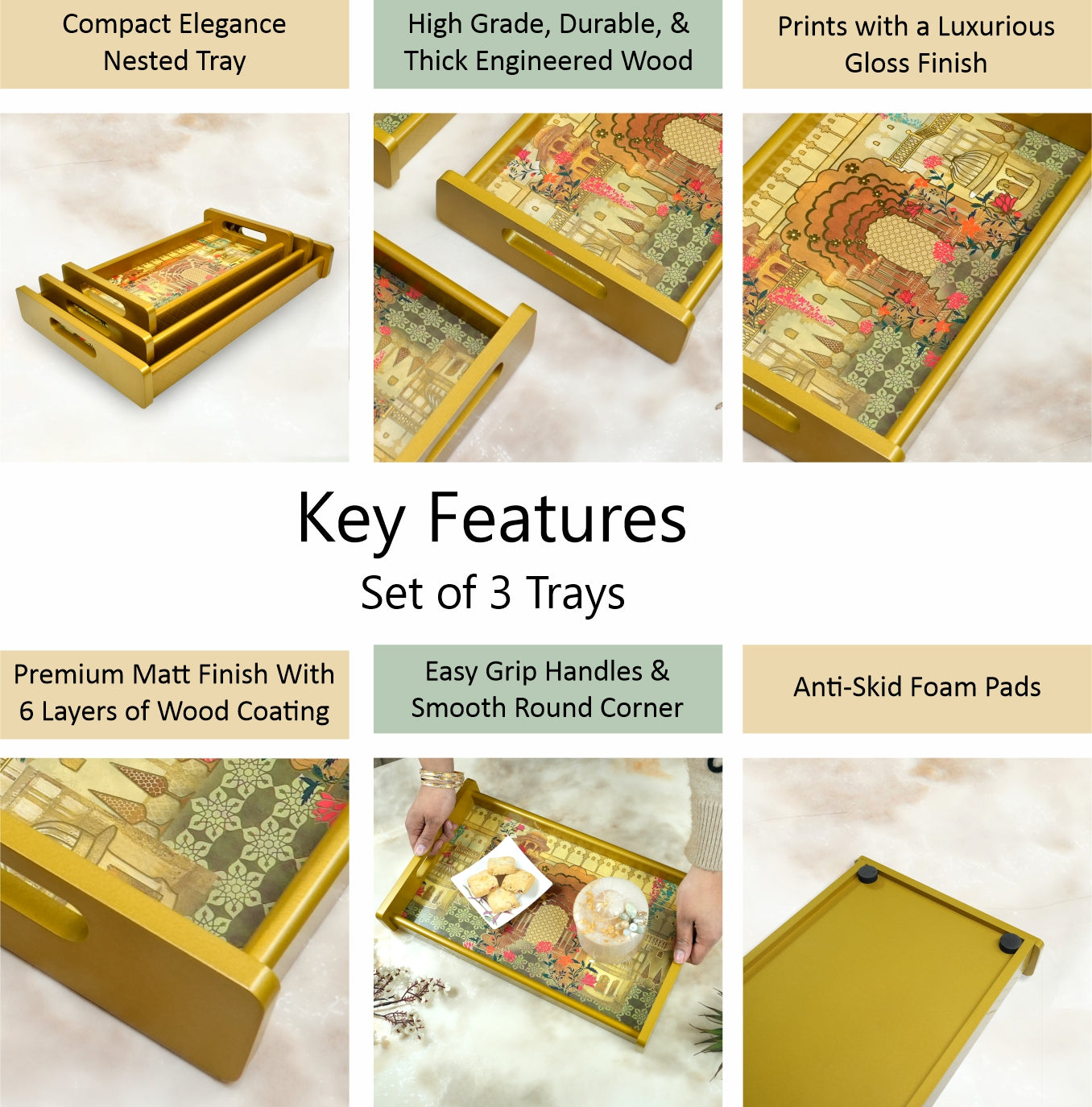 Set of 3 Printed Wooden Serving Trays for Kitchen, Tea, Coffee & Snacks | Decorative MDF Tray Set for Home & Gifting